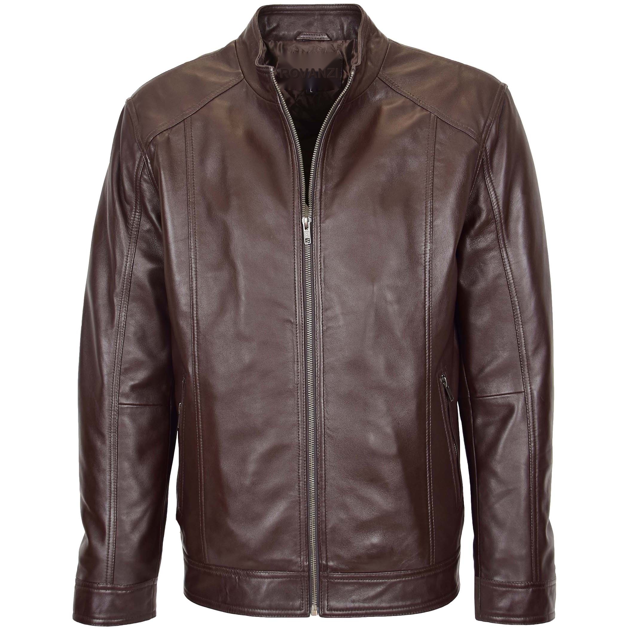 BUNERI Men's Brown Soft Leather Casual Plain Zip Jacket