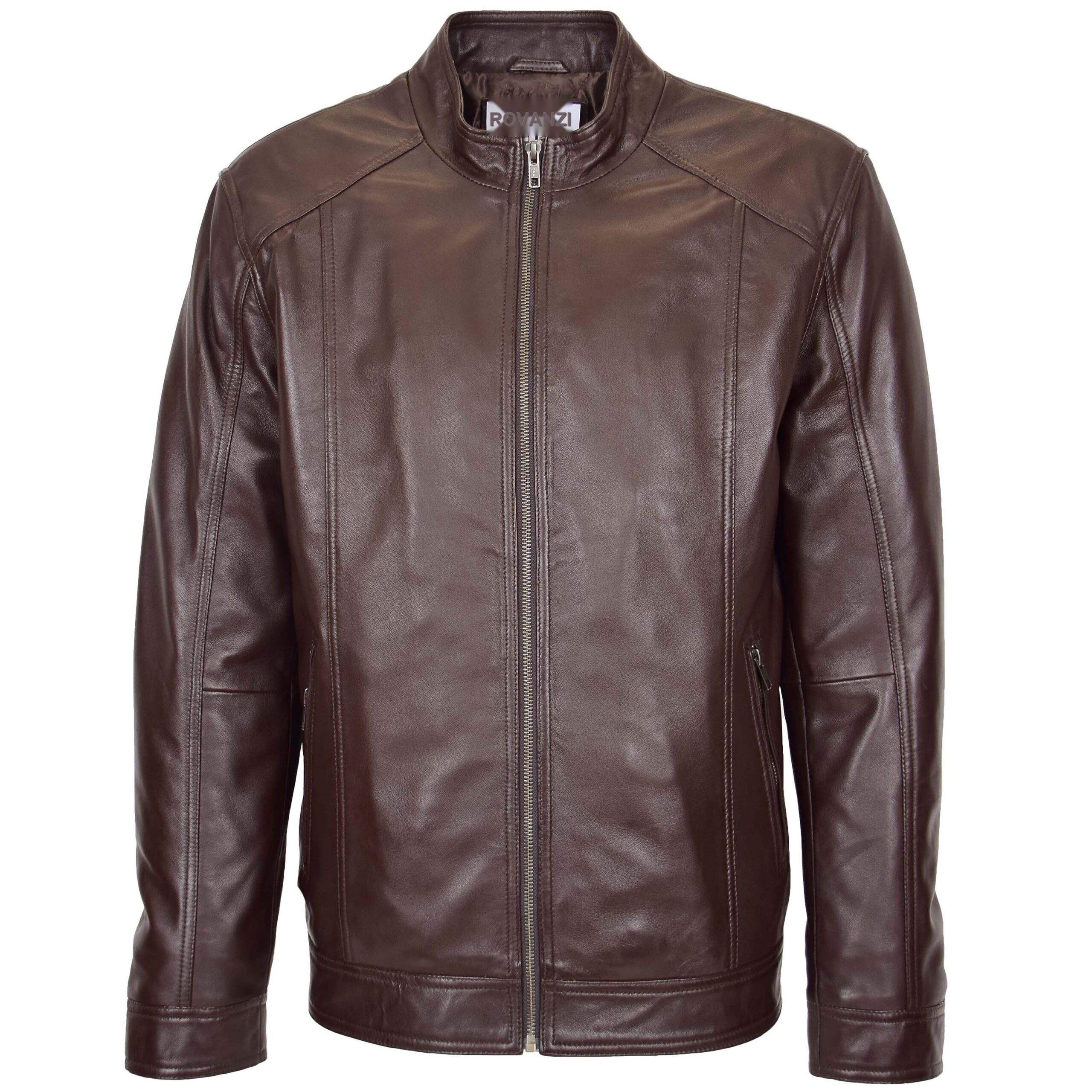 BUNERI Men's Brown Soft Leather Casual Plain Zip Jacket – 3