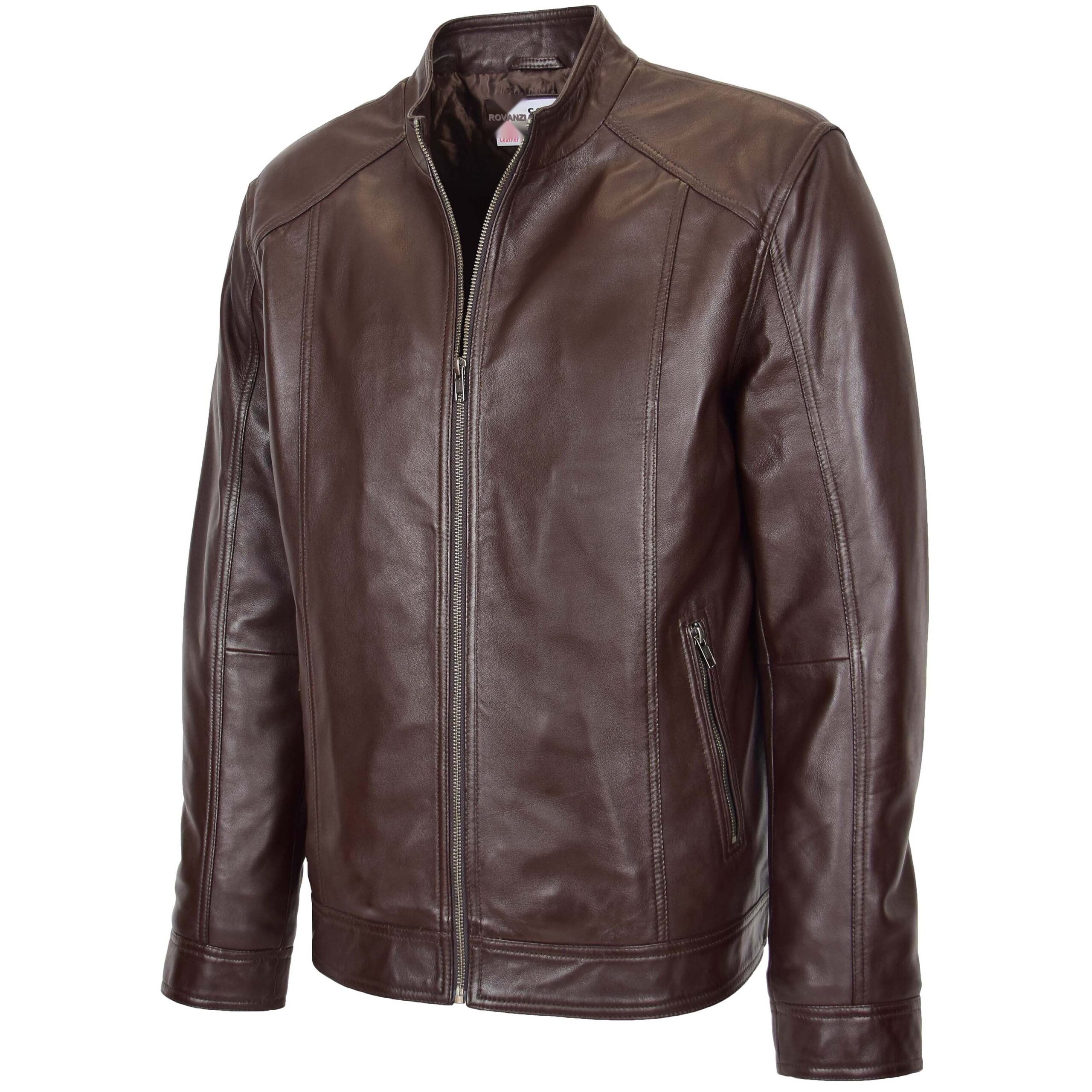 BUNERI Men's Brown Soft Leather Casual Plain Zip Jacket – 4