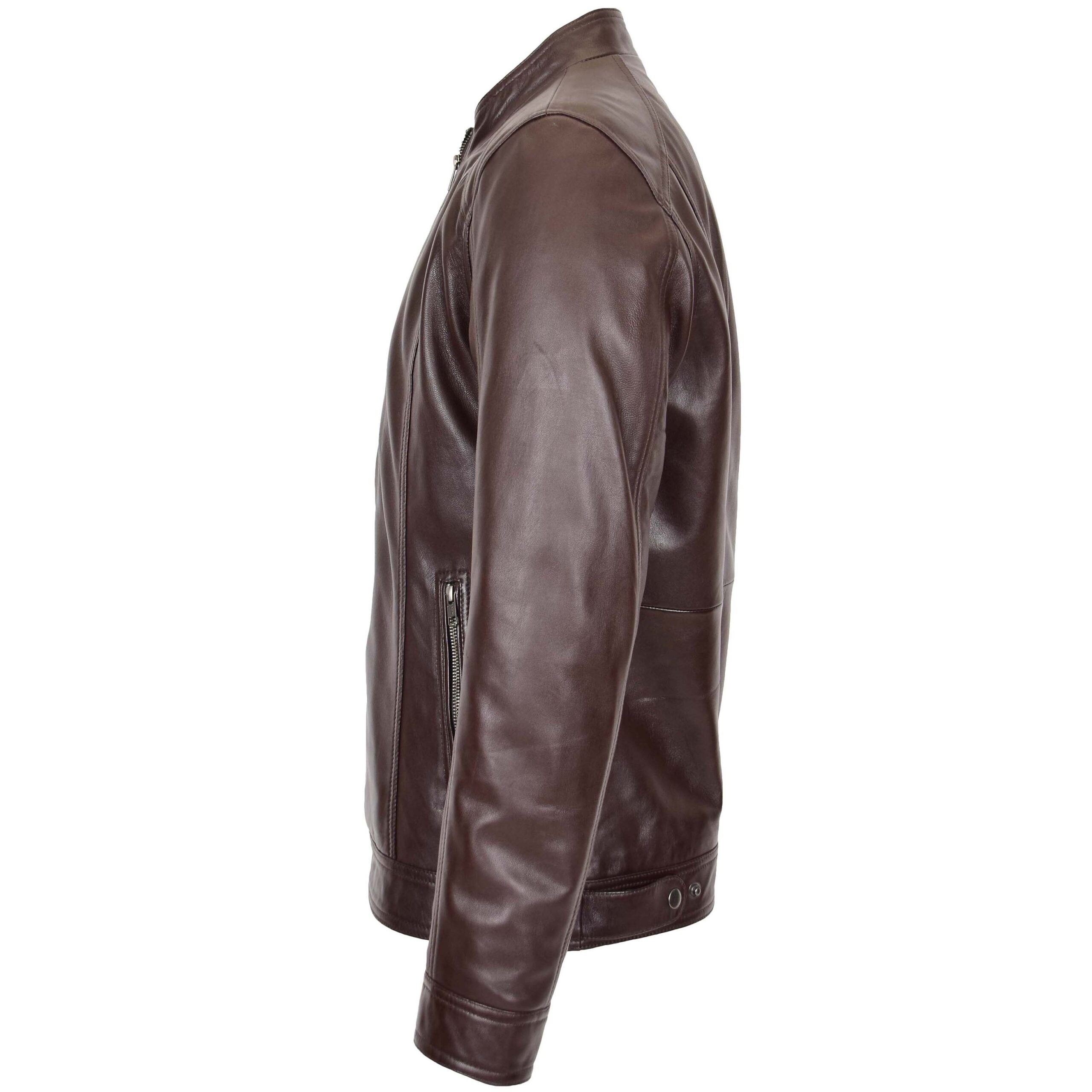 BUNERI Men's Brown Soft Leather Casual Plain Zip Jacket – 5