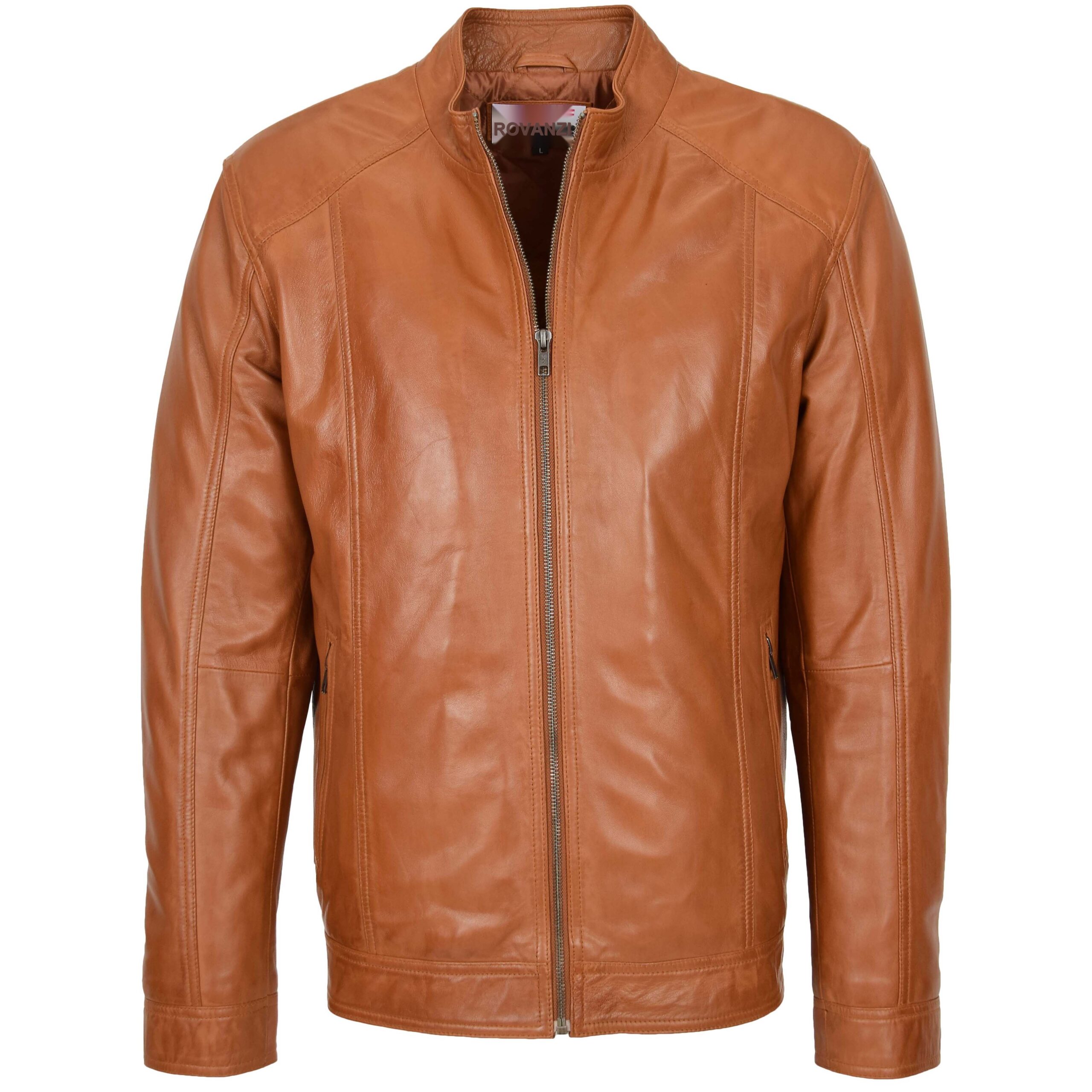 BUNERI Men's Soft Leather Casual Plain Zip Jacket Tan