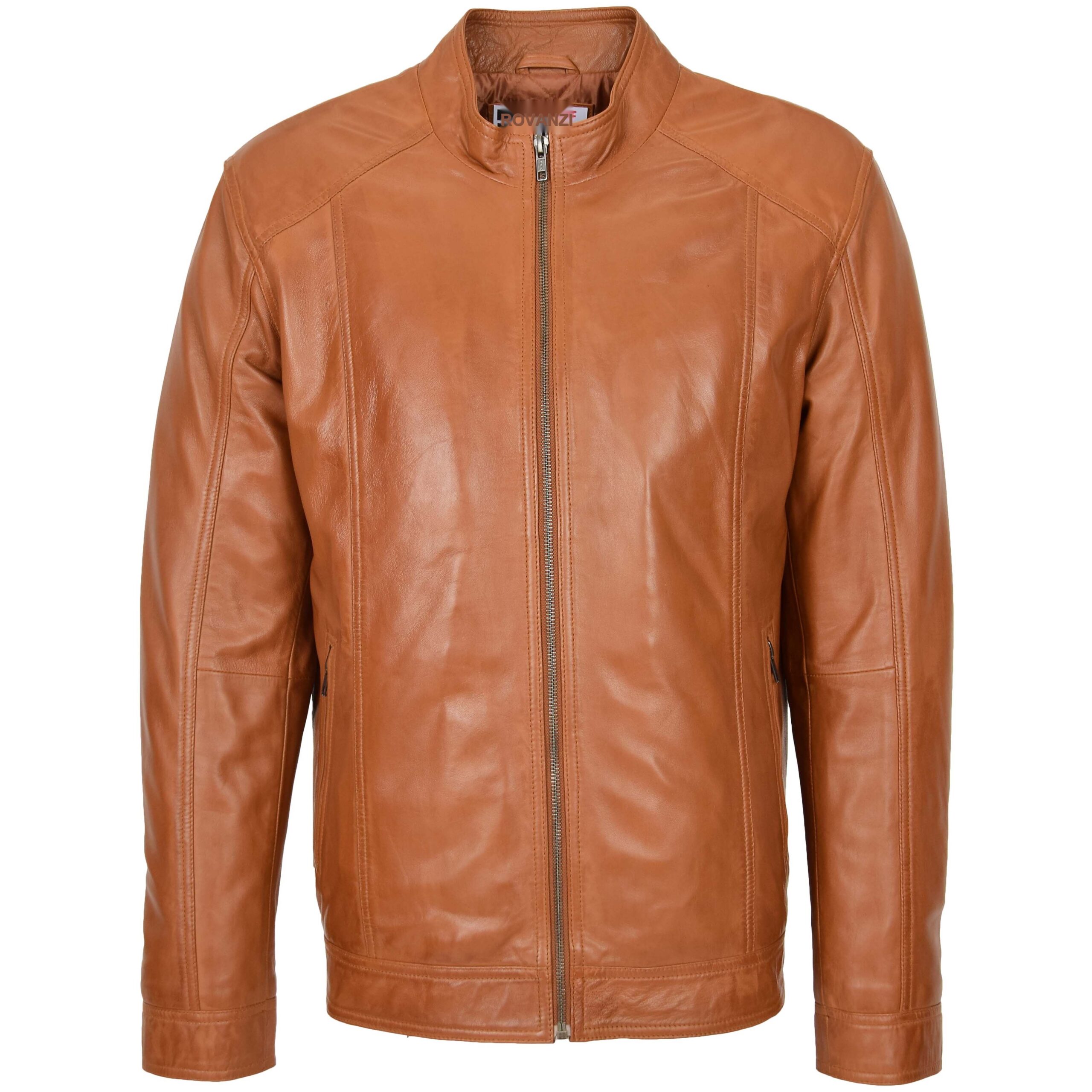 BUNERI Men's Soft Leather Casual Plain Zip Jacket Tan – 3