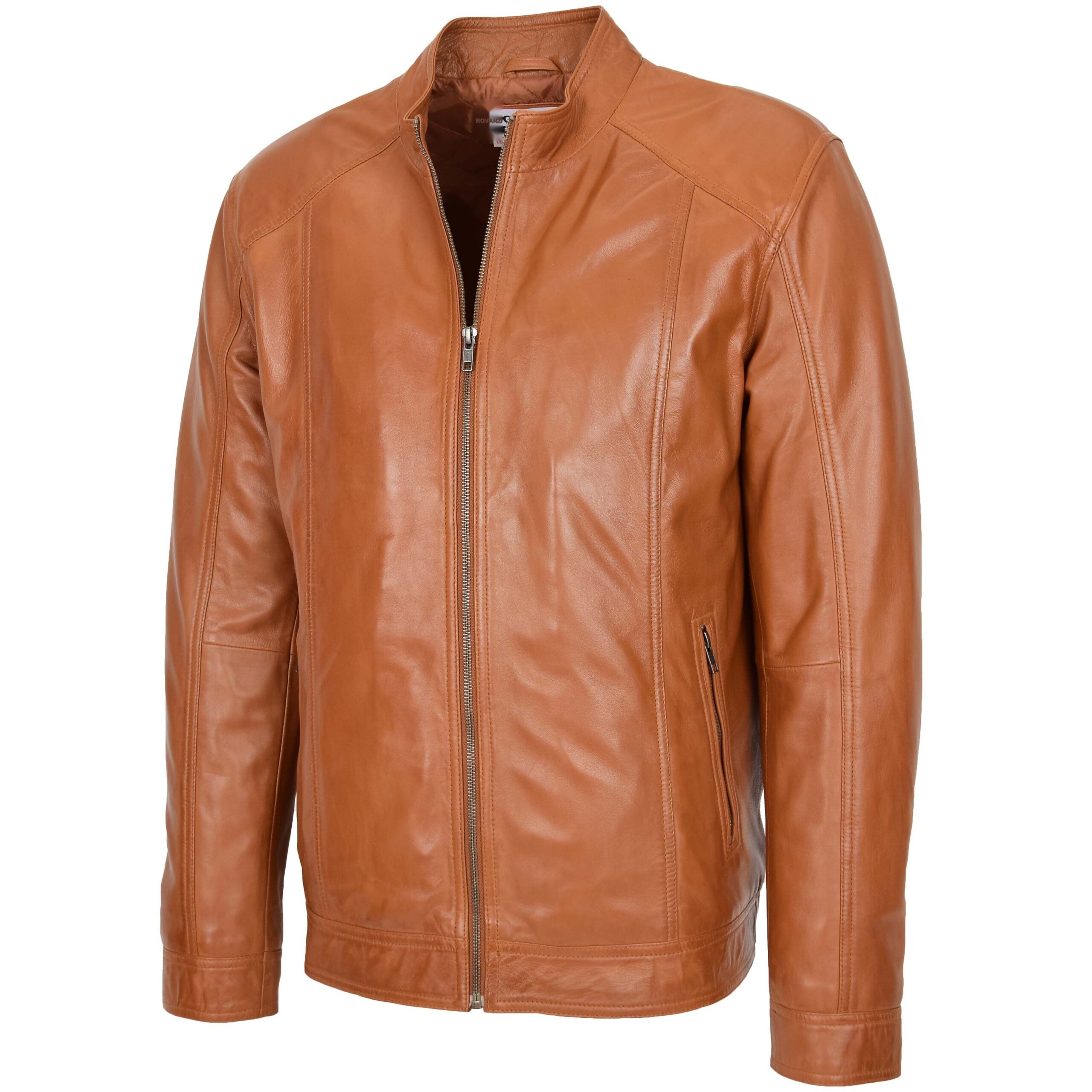 BUNERI Men's Soft Leather Casual Plain Zip Jacket Tan – 4