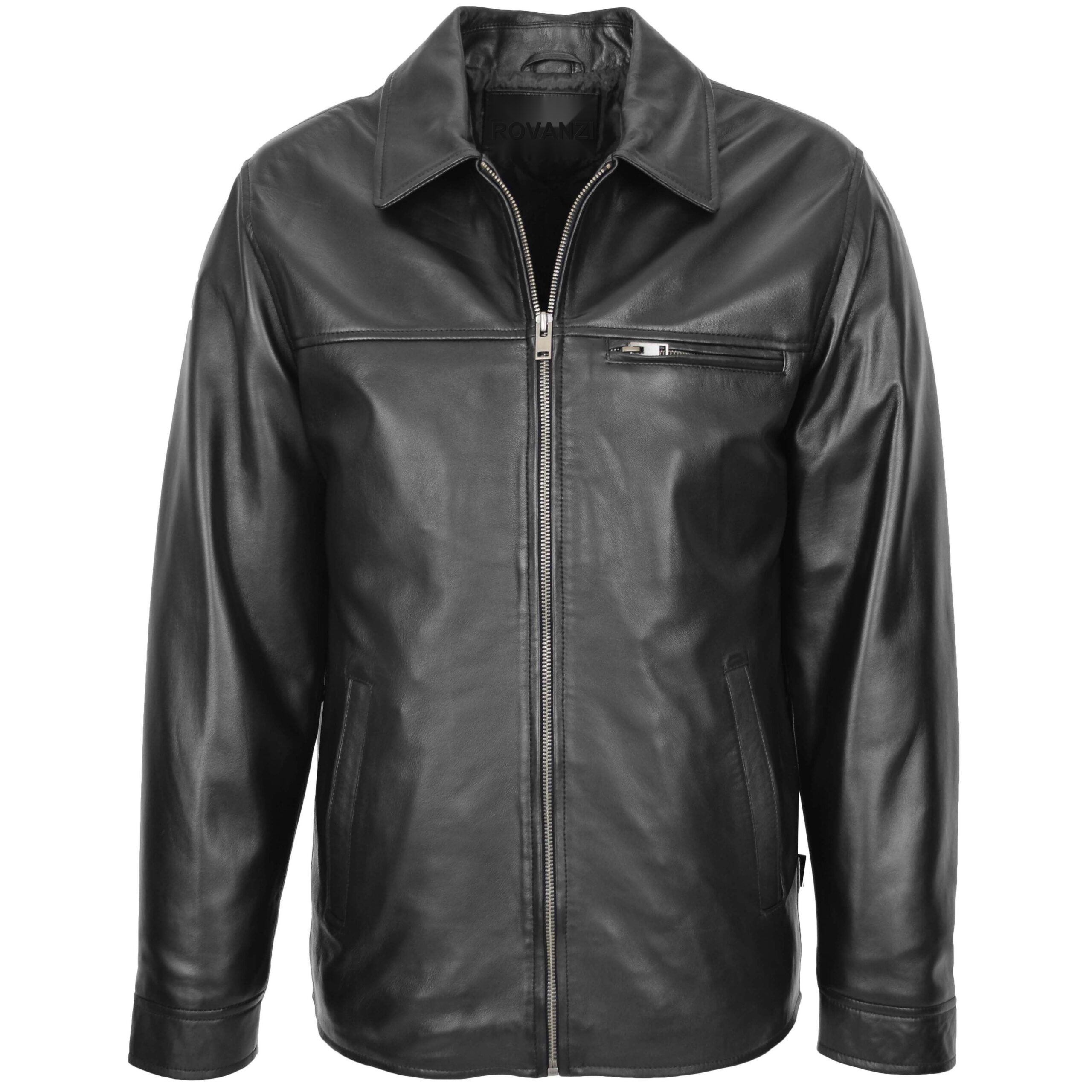 BUNERI Men's Soft Leather Plain Zip Box Casual Jacket Black