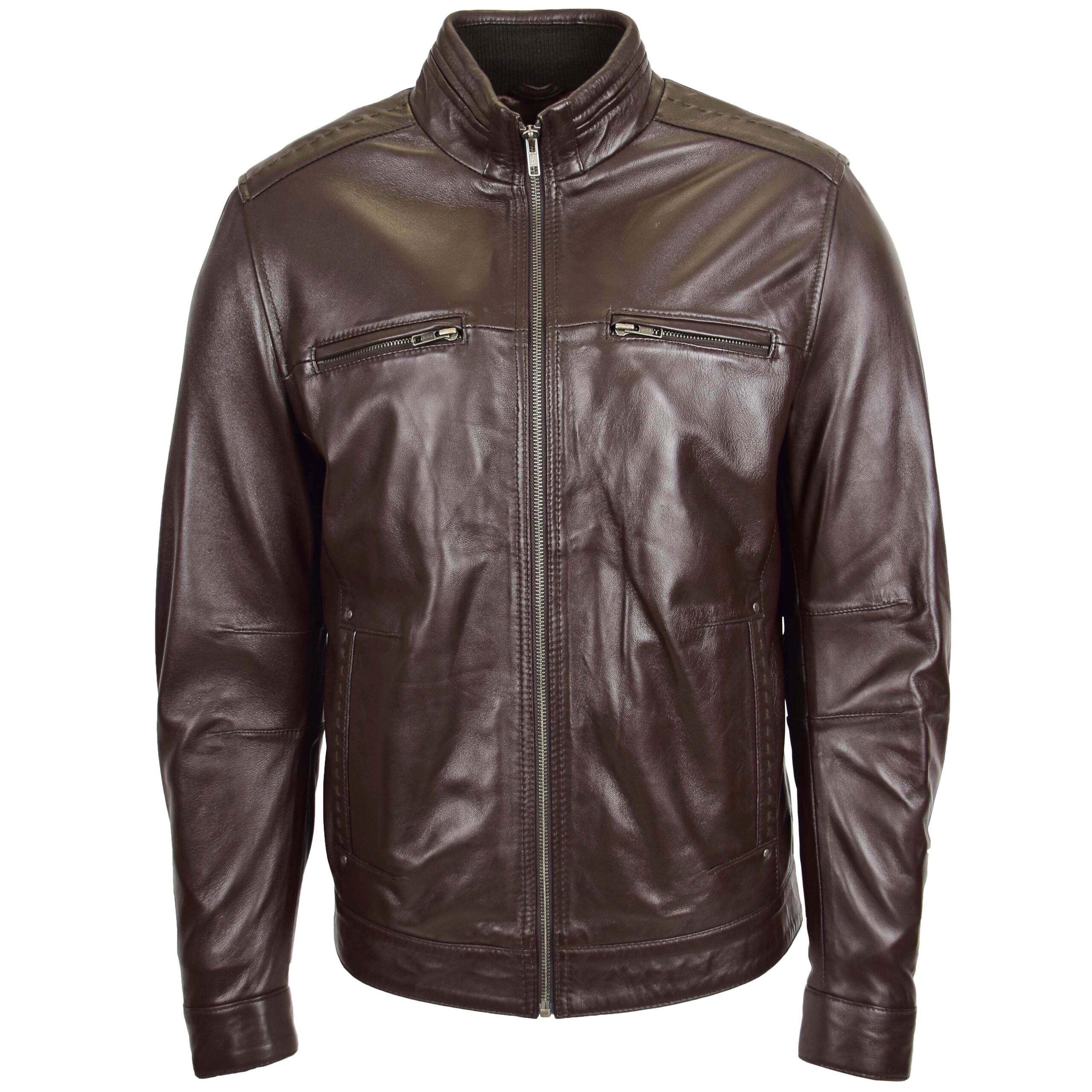 BUNERI Men's Standing Collar Leather Jacket Brown