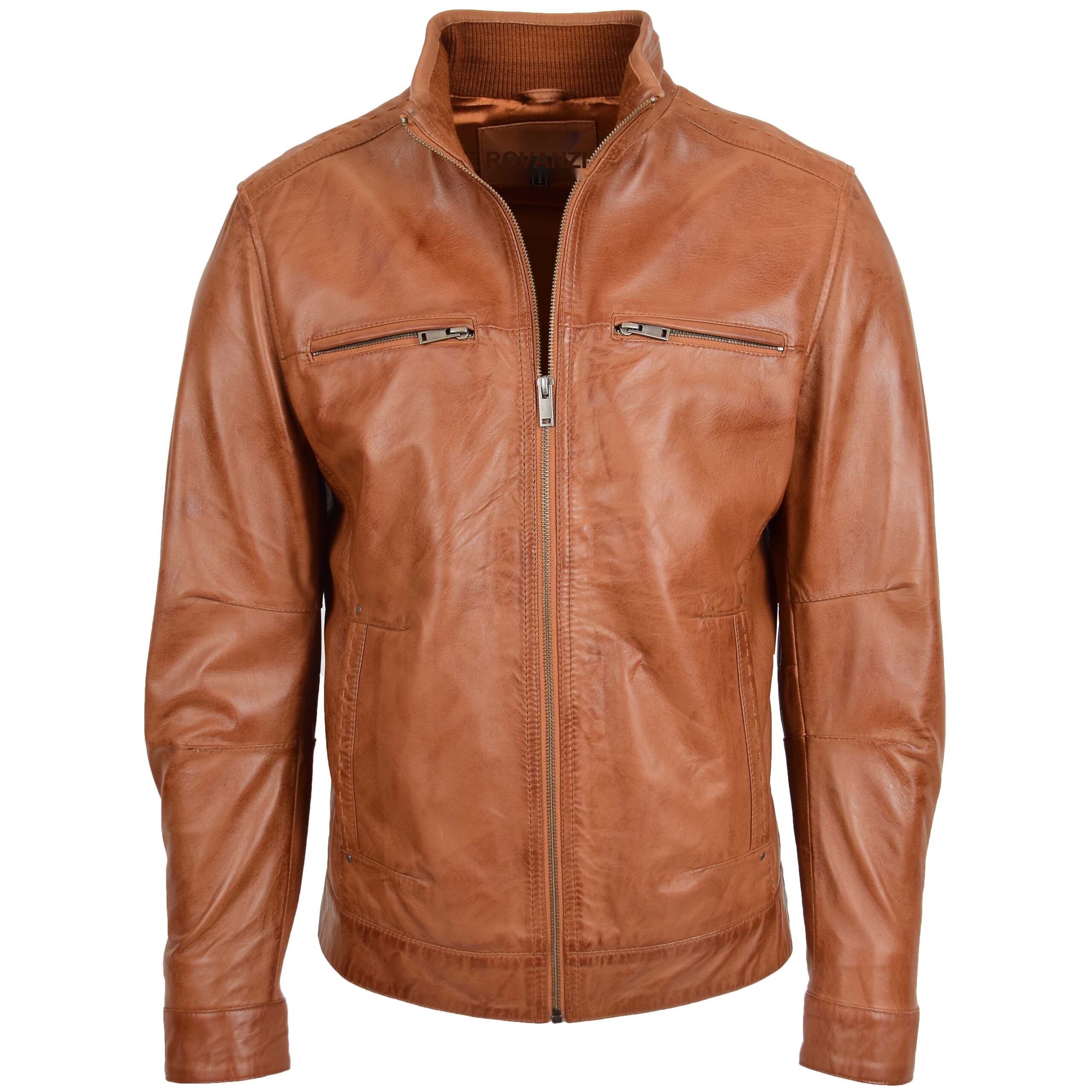 BUNERI Men's Standing Collar Leather Jacket Tan