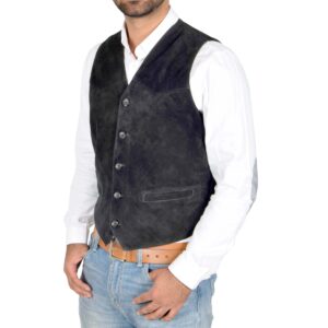 BUNERI Men’s Genuine Suede Leather Button Fastening Vest Black