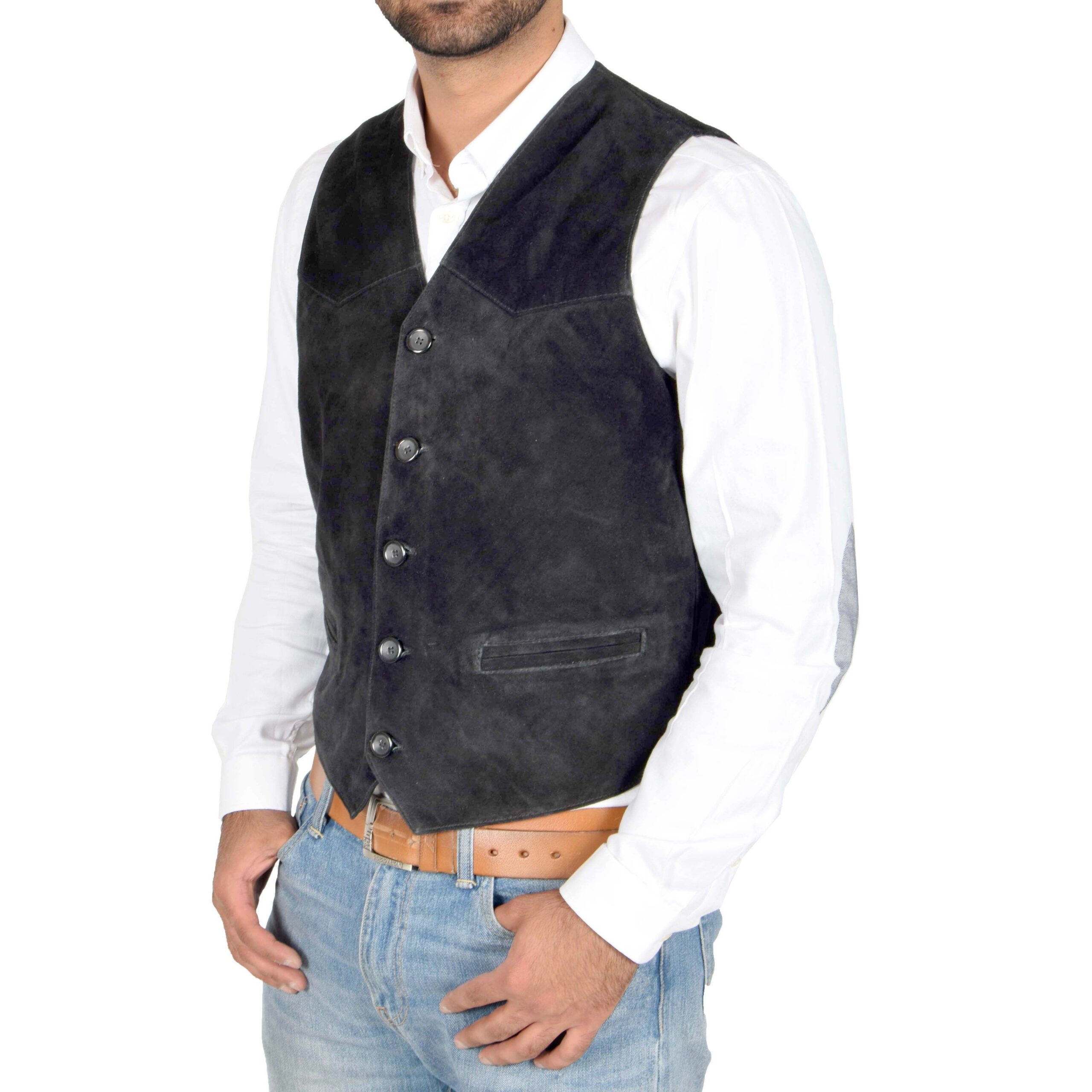 BUNERI Men's Suede Button Fastening Vest Black