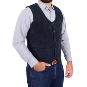 BUNERI Men’s Navy Suede Vest Button-Fastening