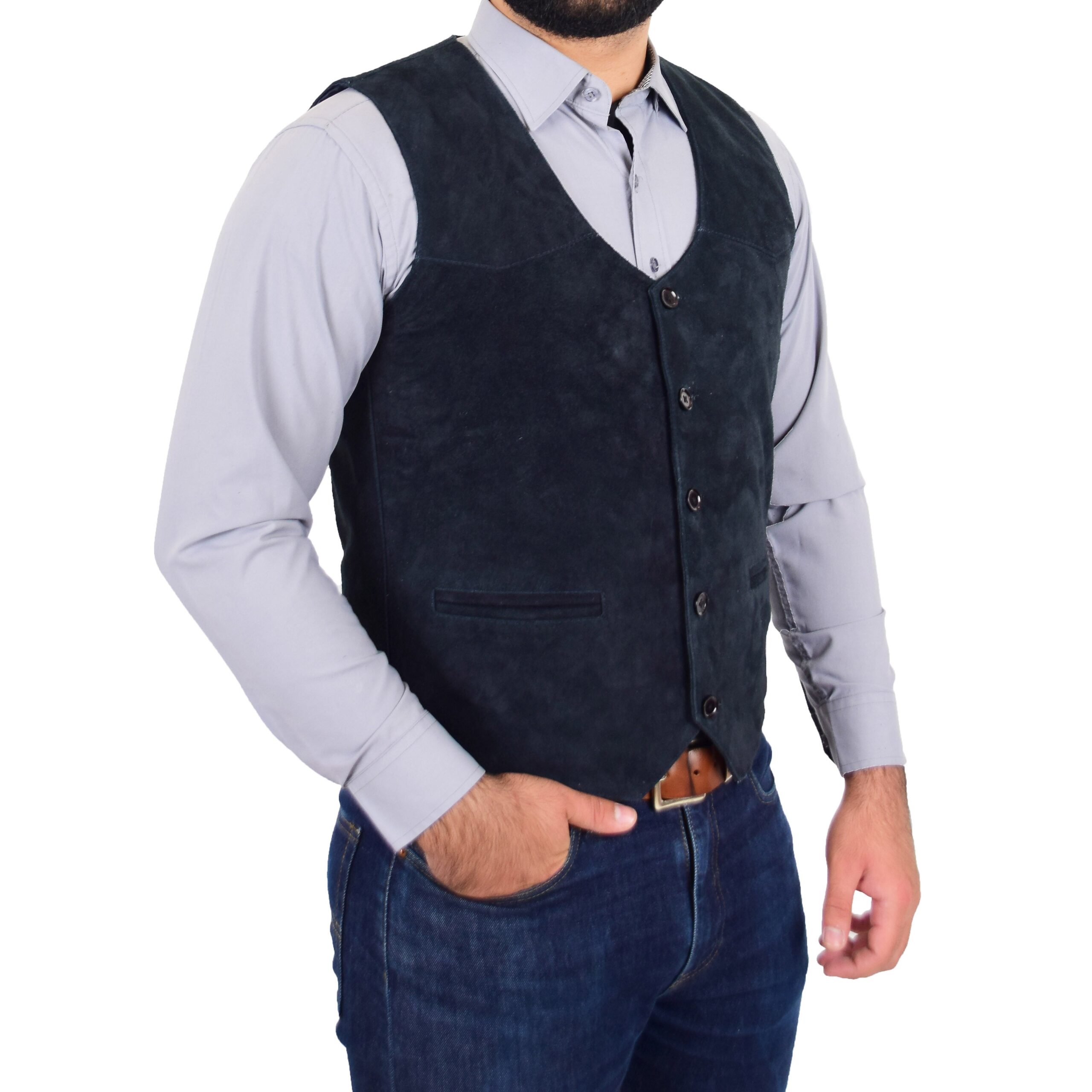 BUNERI Men's Navy Suede Vest Button-Fastening