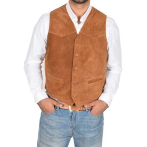 BUNERI Men’s Tan Genuine Suede Leather Vest
