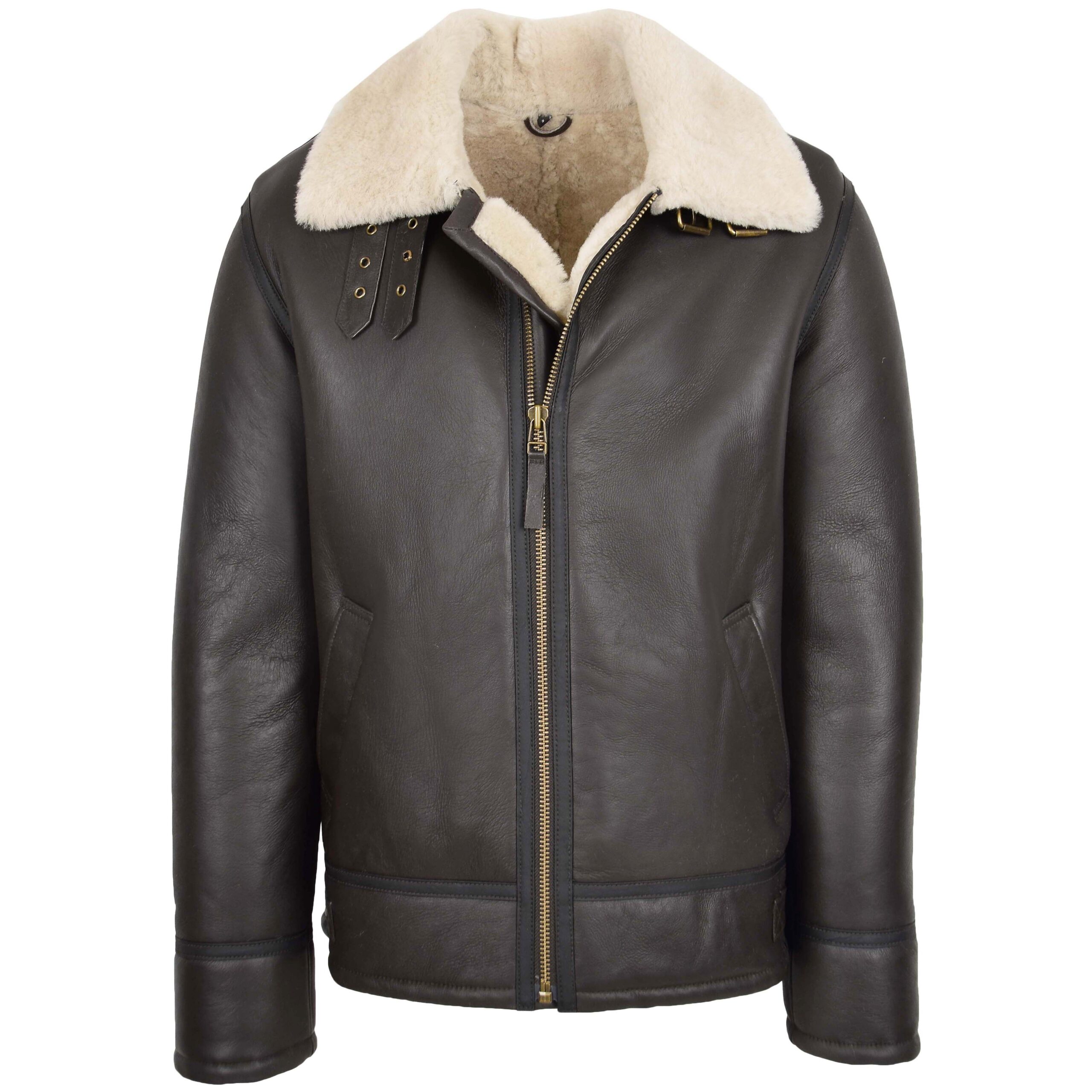 BUNERI Men's Top Gun Style Sheepskin Jacket Brown White