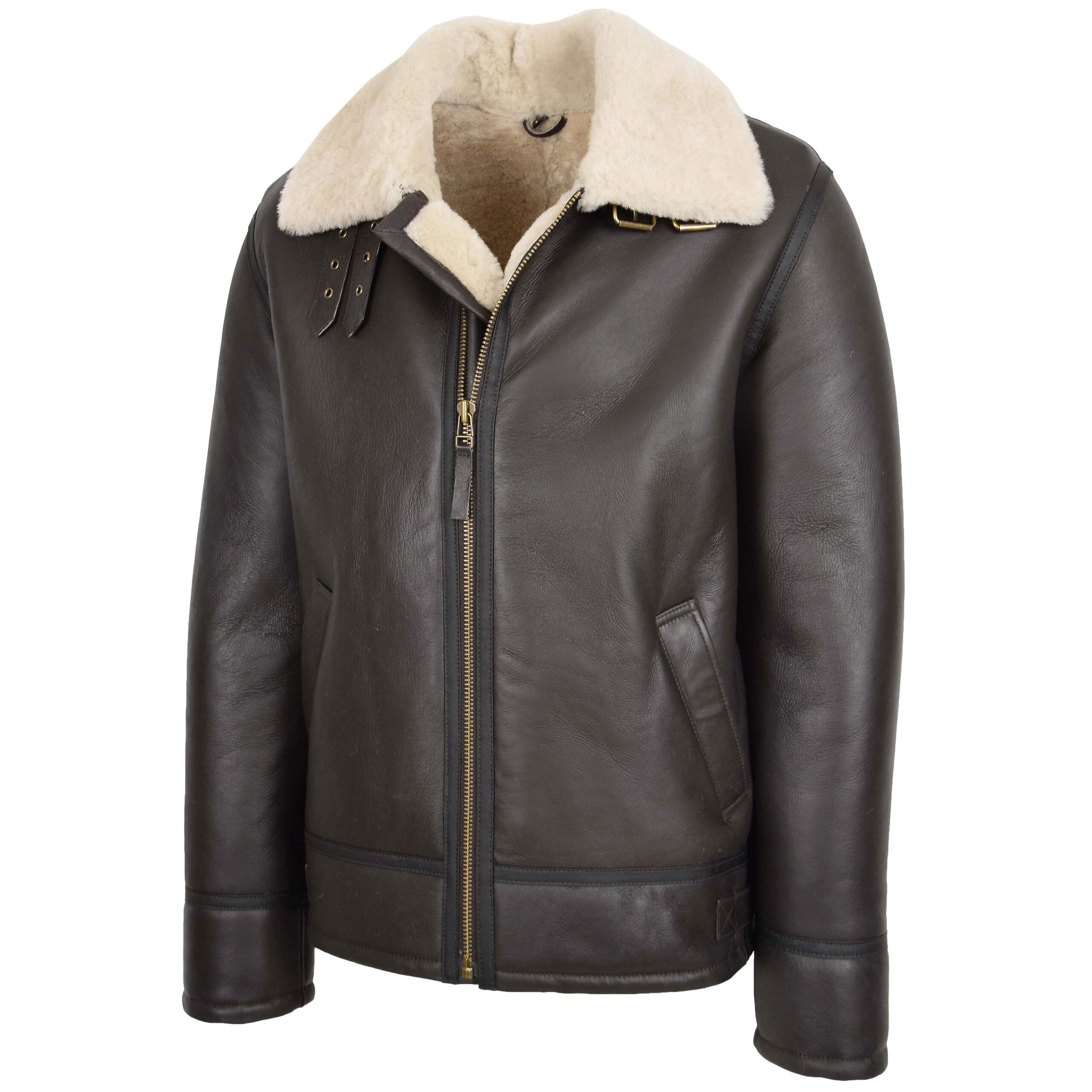 BUNERI Men's Top Gun Style Sheepskin Jacket Brown White – 4