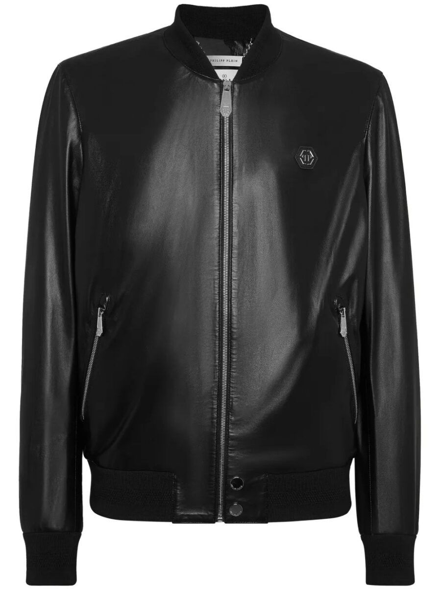 BUNERI Black Leather Bomber Jacket Designer Style