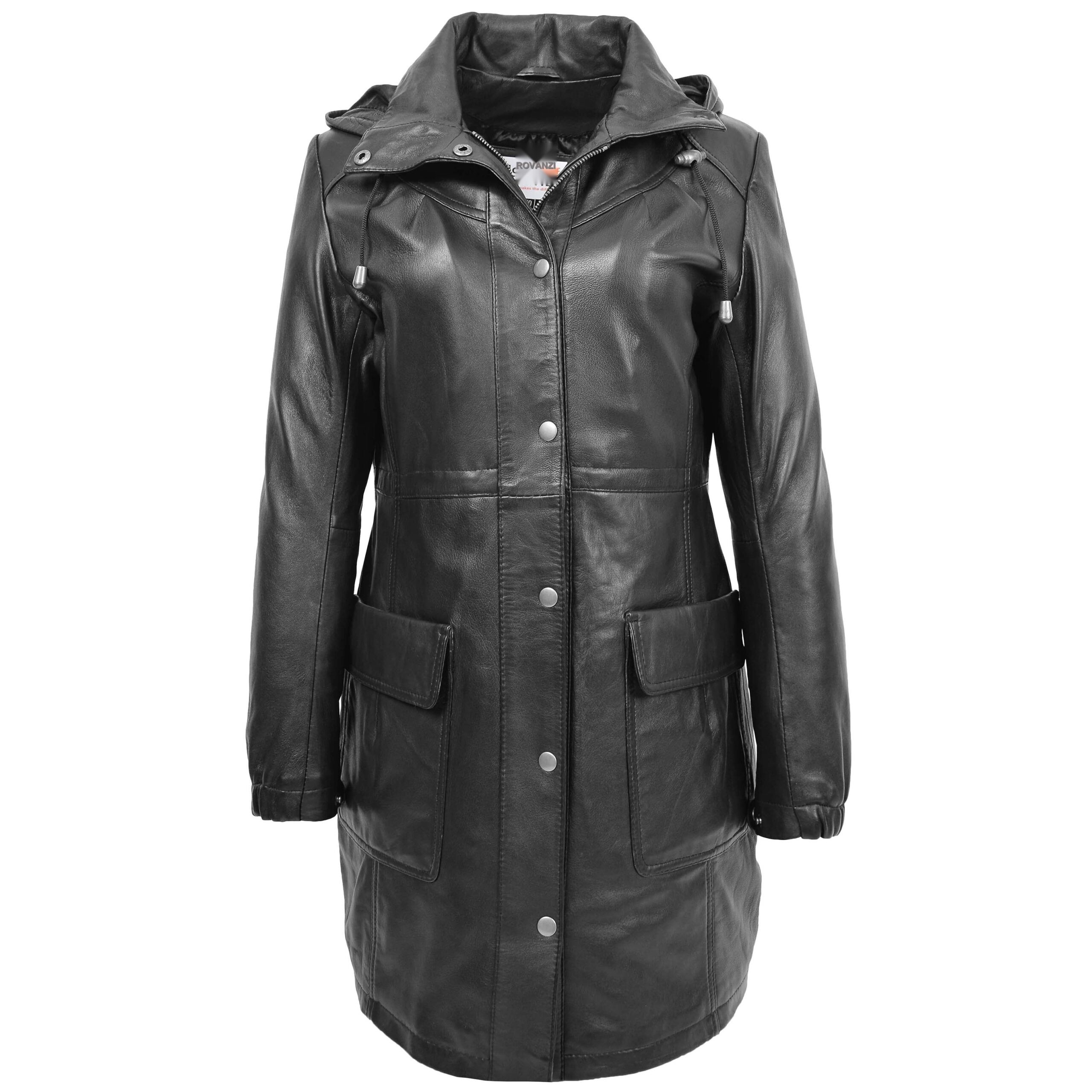 BUNERI Women's Black Leather 3/4 Length Duffle Coat