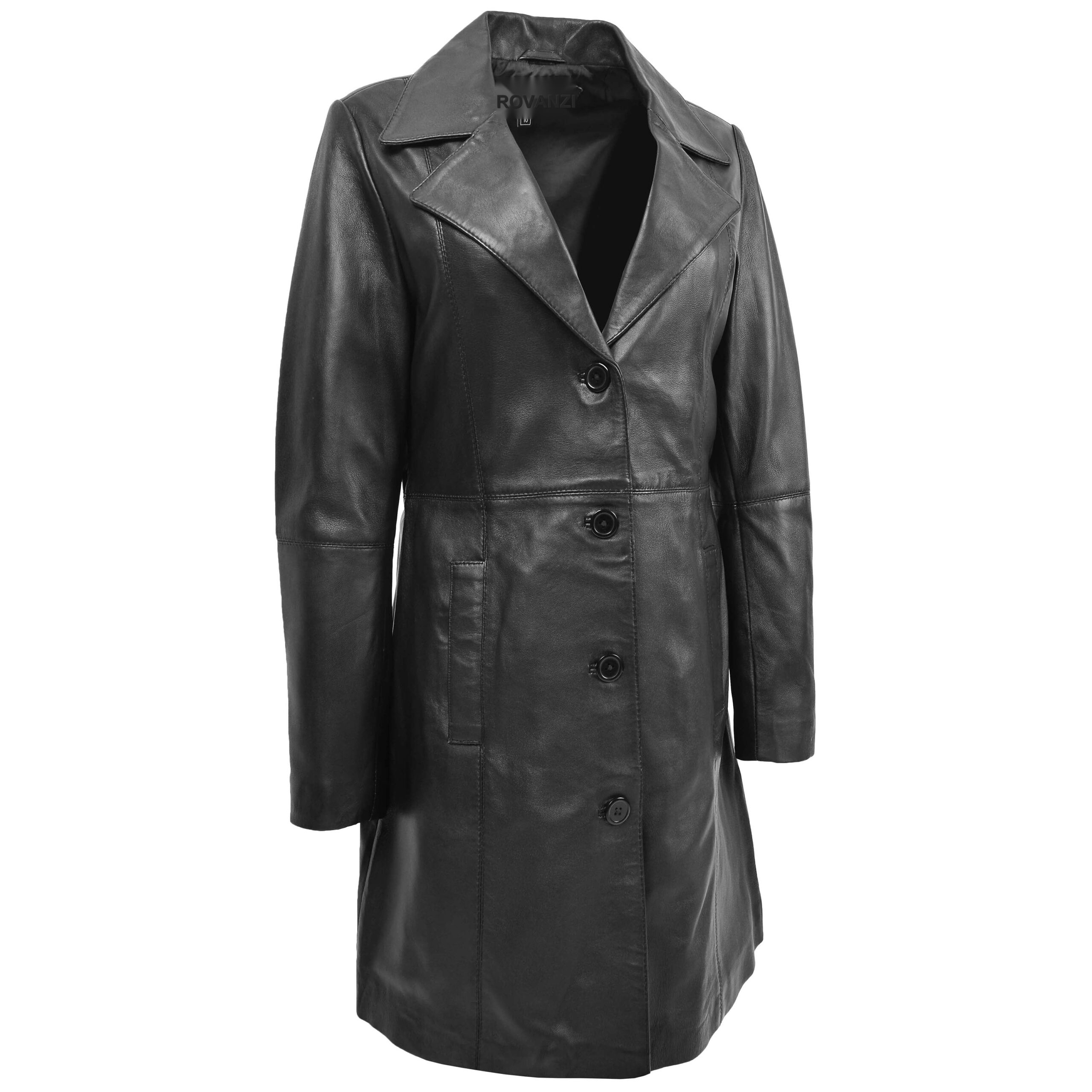 BUNERI Women's Black Soft Leather 3/4 Length Classic Coat – 3