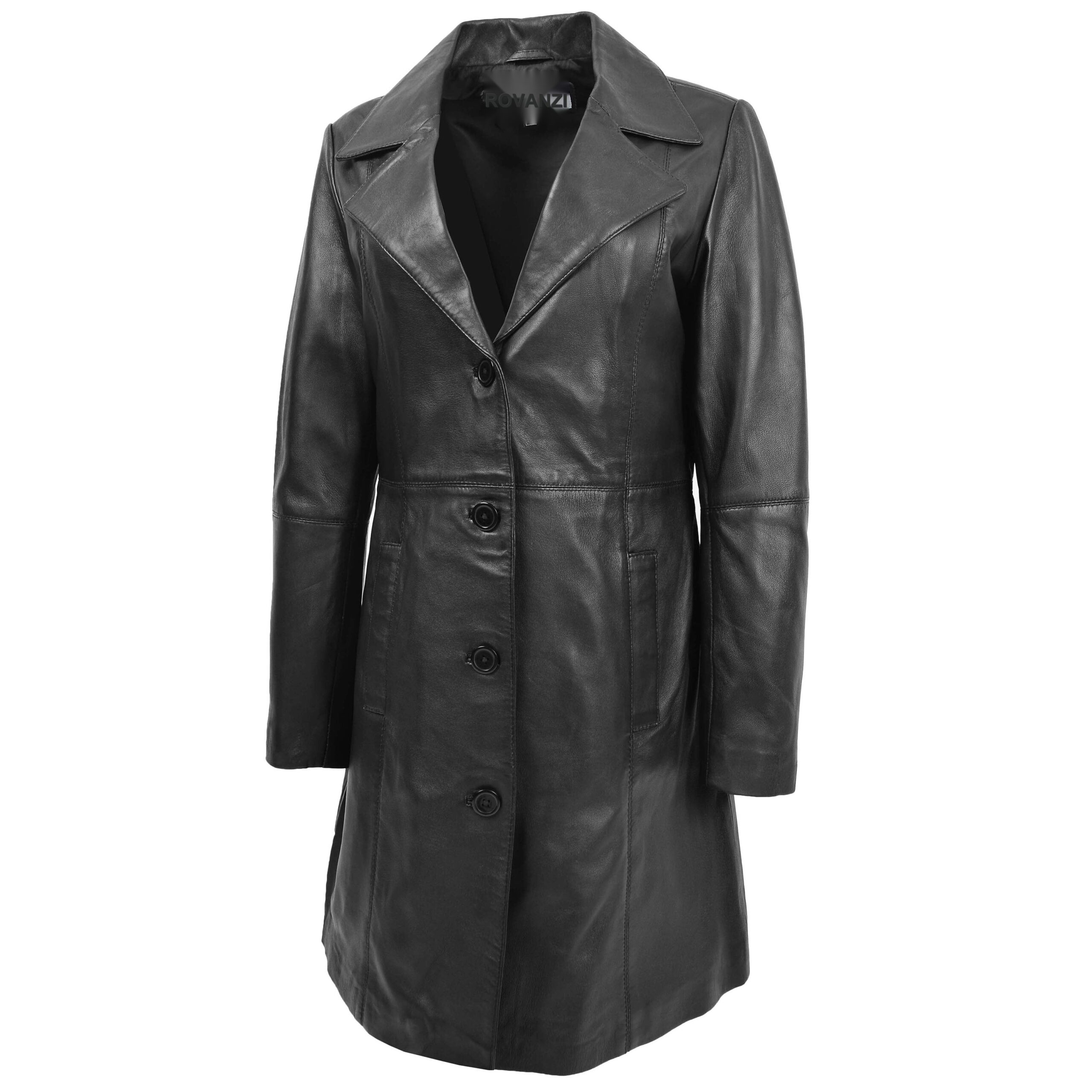 BUNERI Women's Black Soft Leather 3/4 Length Classic Coat – 4
