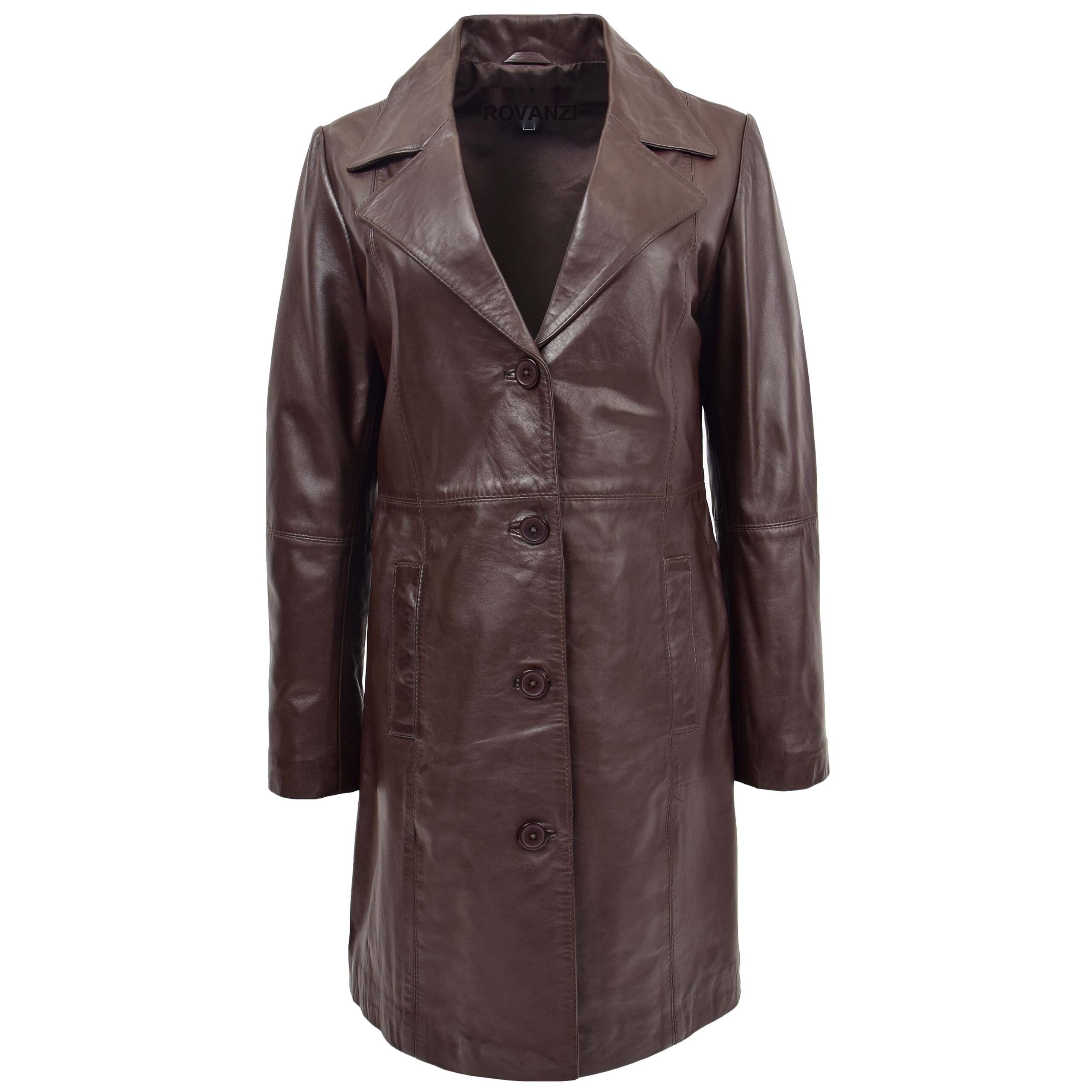 BUNERI Women's 3/4 Length Soft Leather Classic Coat Brown