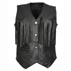 BUNERI Black Sheepskin Leather Biker Vest with Fringe