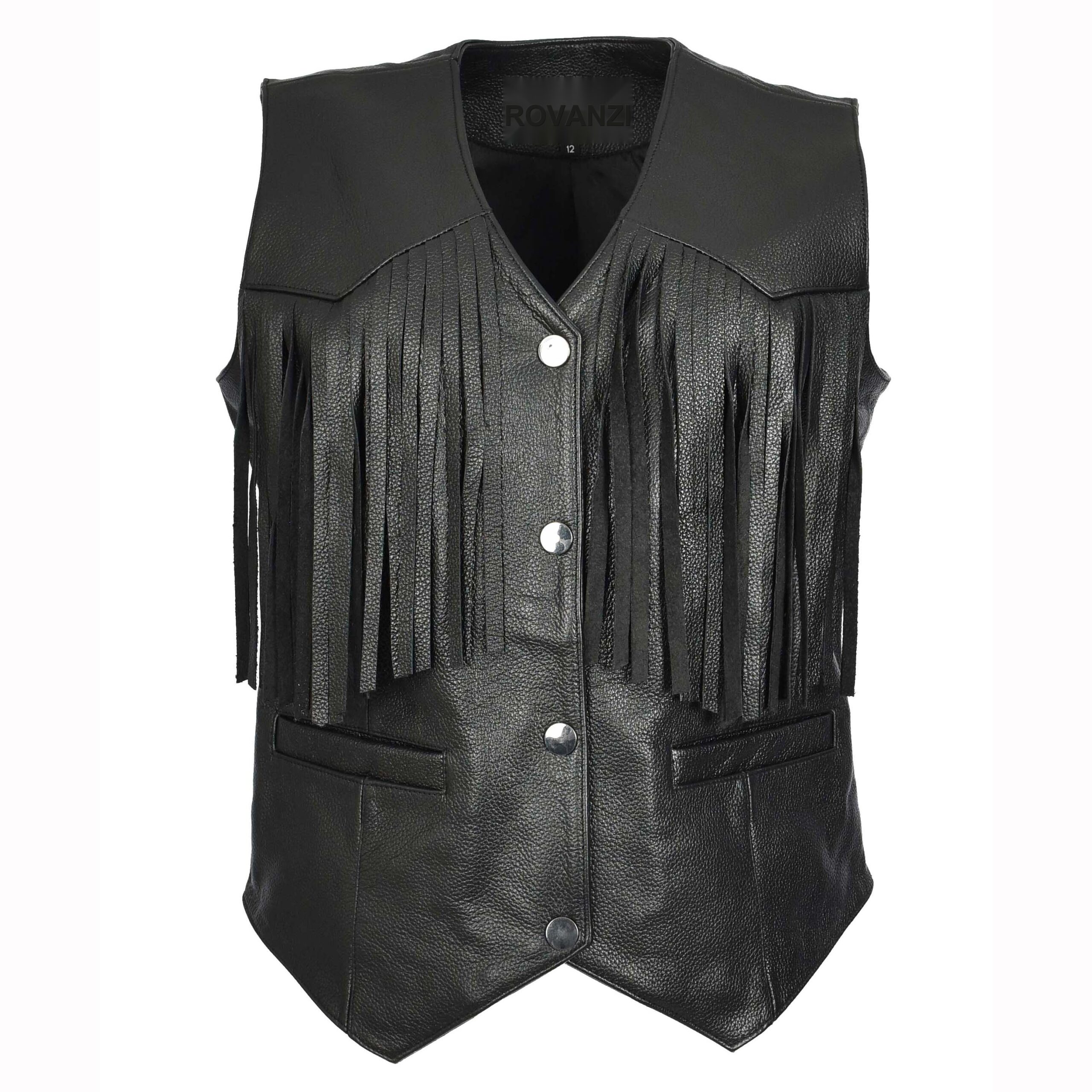 BUNERI Black Sheepskin Leather Biker Vest with Fringe