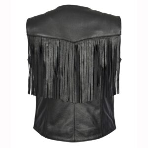 BUNERI Black Sheepskin Leather Biker Vest with Fringe