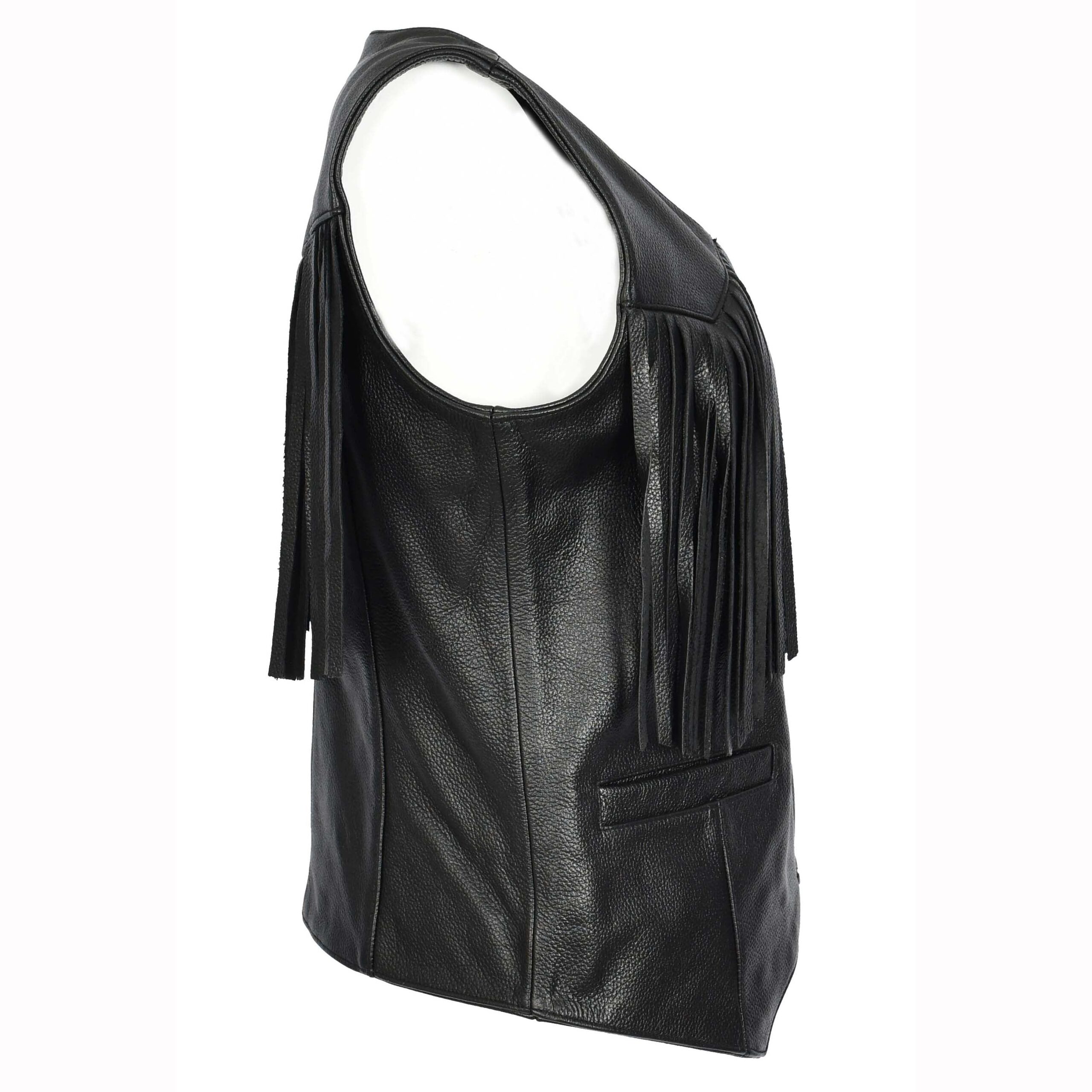 BUNERI Black Sheepskin Leather Biker Vest with Fringe (6)