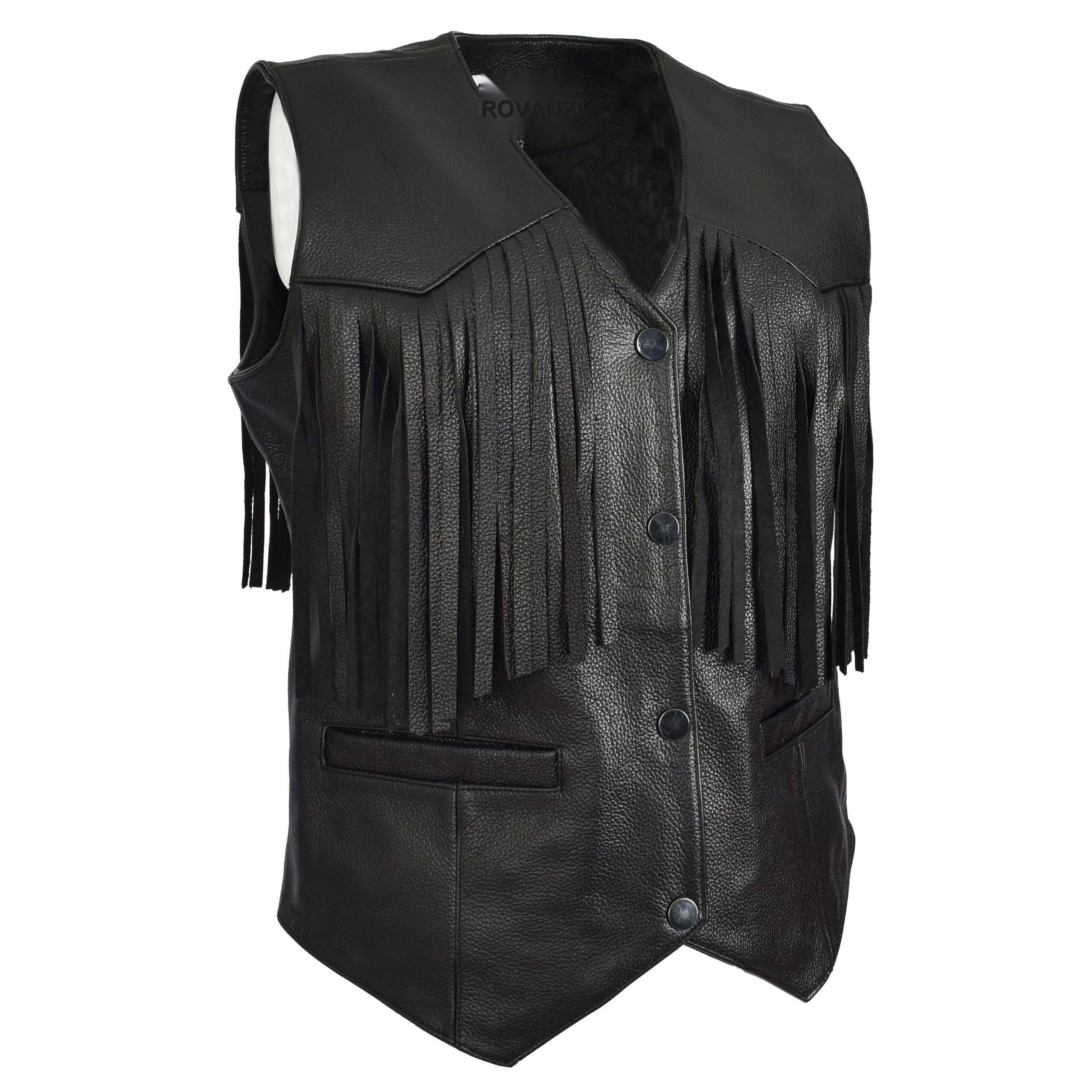 BUNERI Black Sheepskin Leather Biker Vest with Fringe (5)