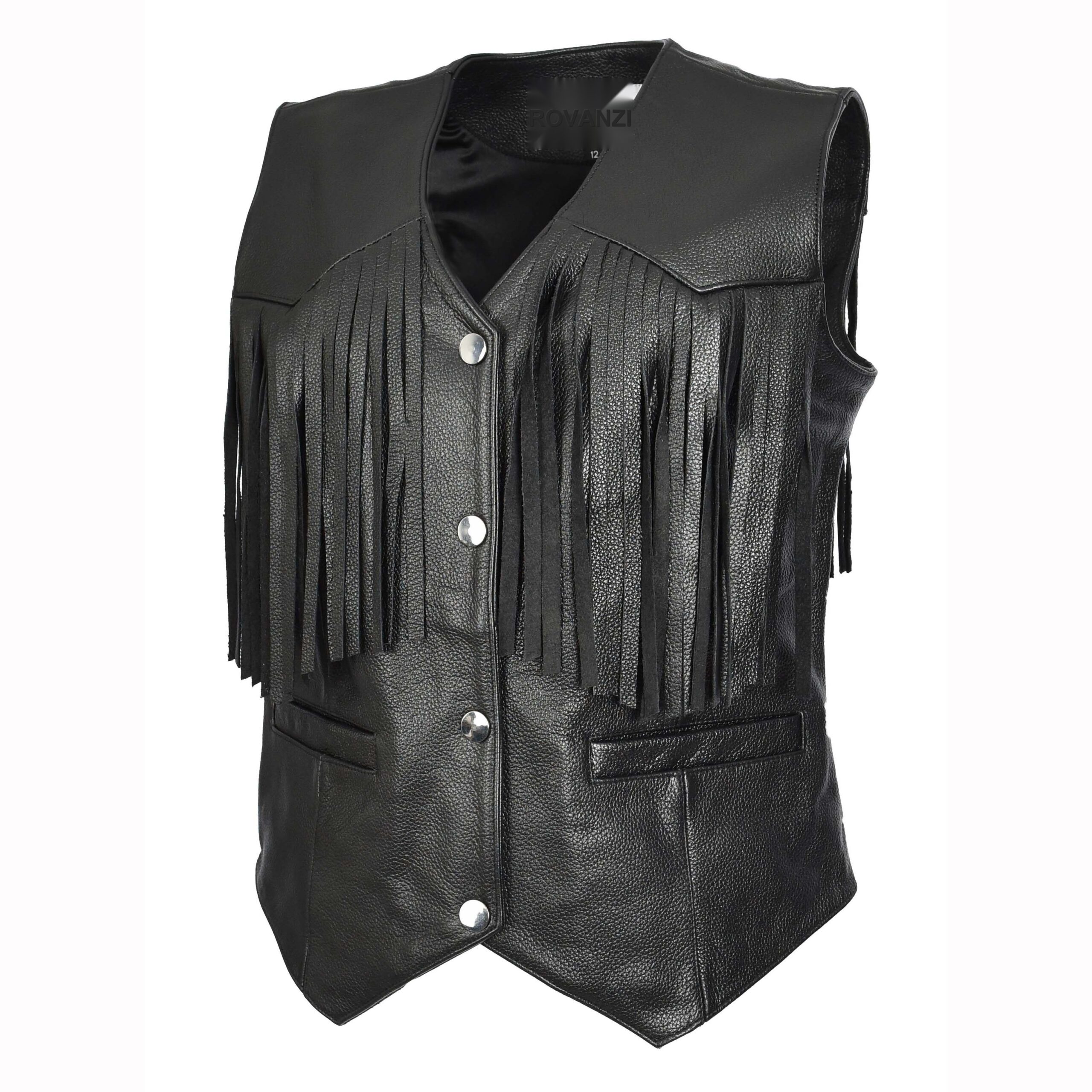 BUNERI Black Sheepskin Leather Biker Vest with Fringe (4)