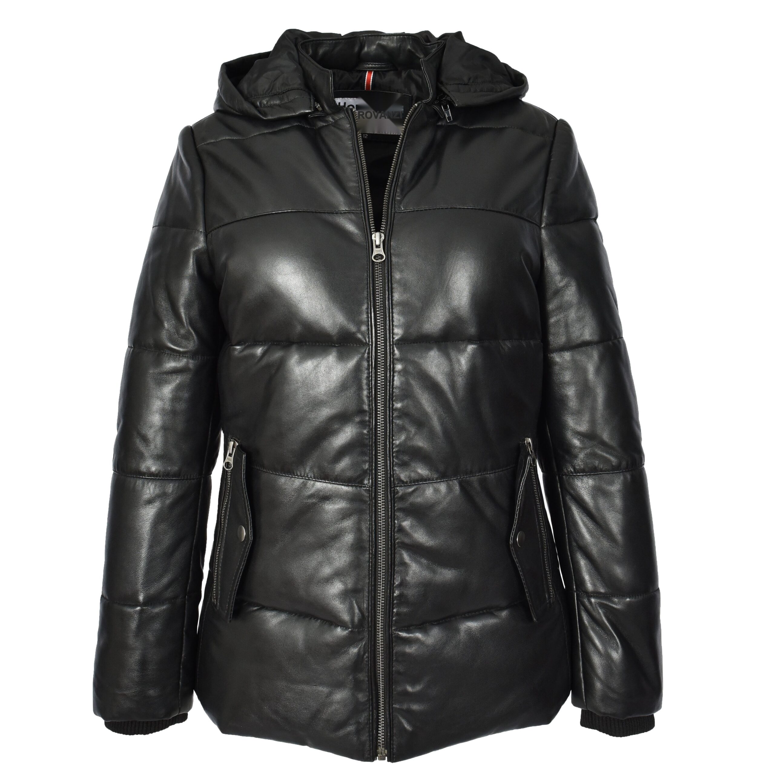 BUNERI Women's Genuine Leather Puffer Jacket Black with Removable Hood