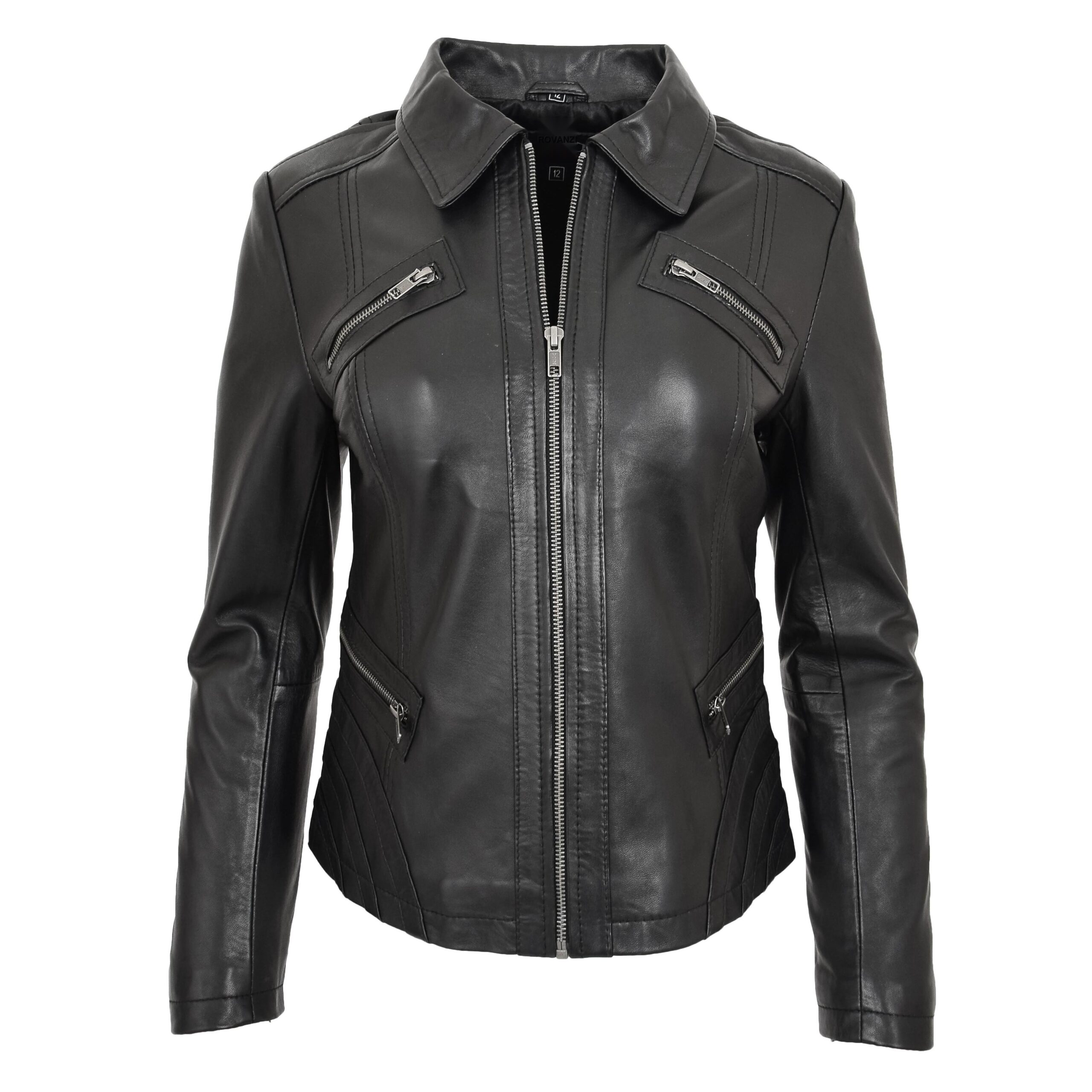 BUNERI Women's Classic Leather Biker Zip Box Jacket Black