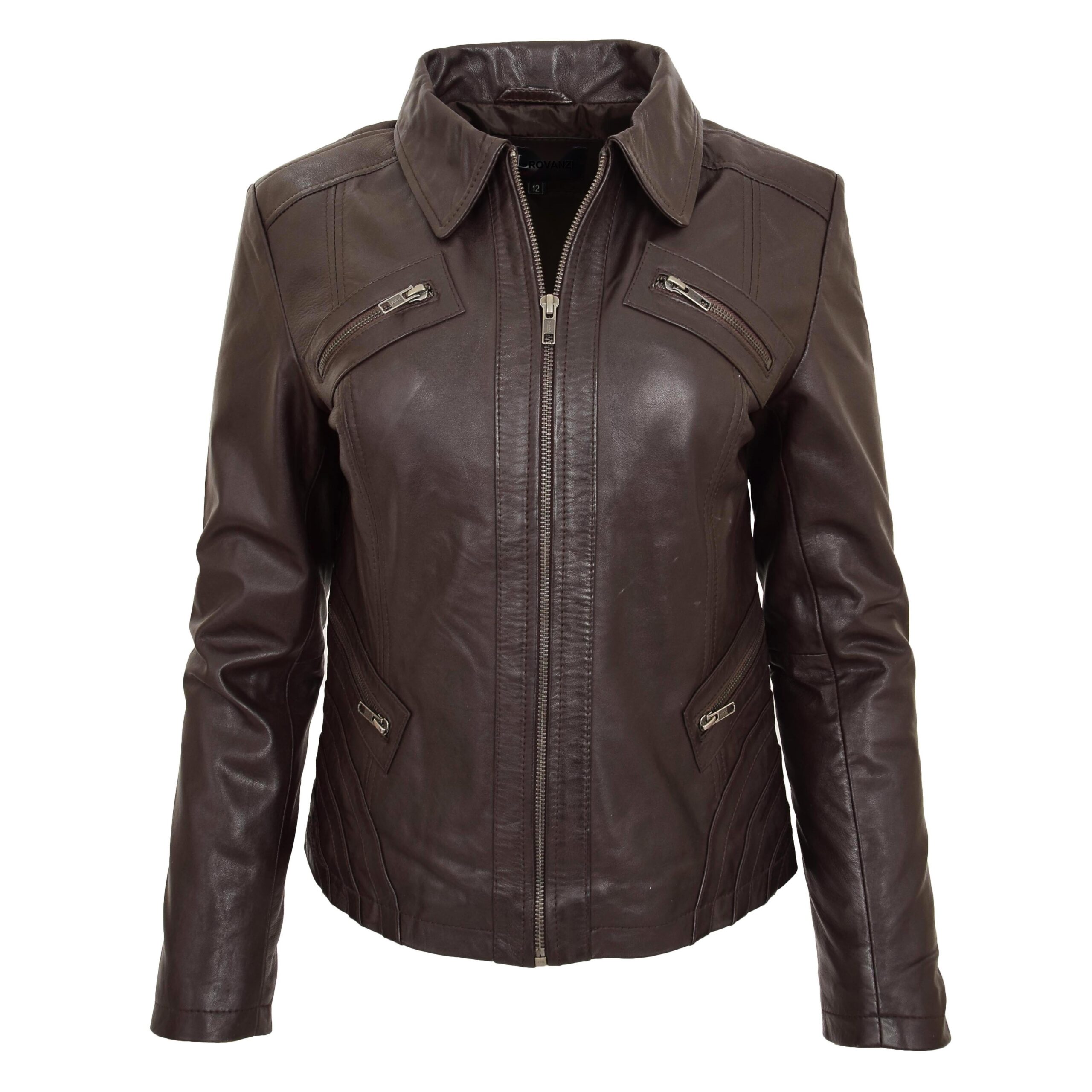 BUNERI Brown Classic Leather Biker Zip Box Jacket