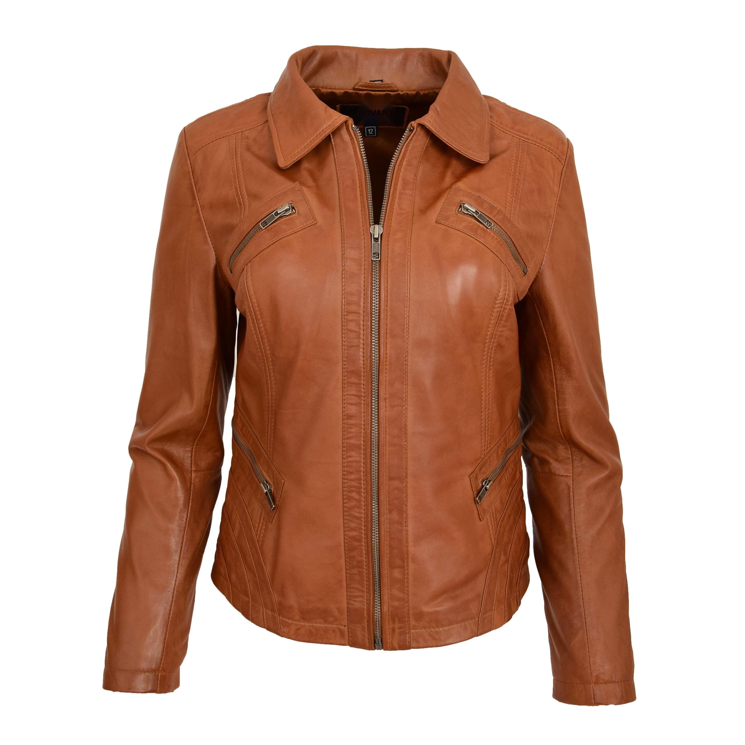 BUNERI Tan Classic Leather Biker Zip Box Jacket Women