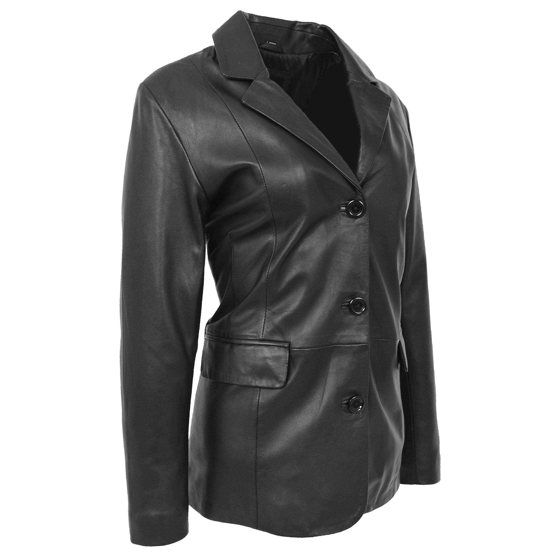 BUNERI Women's Classic Three Button Leather Blazer Black – 3