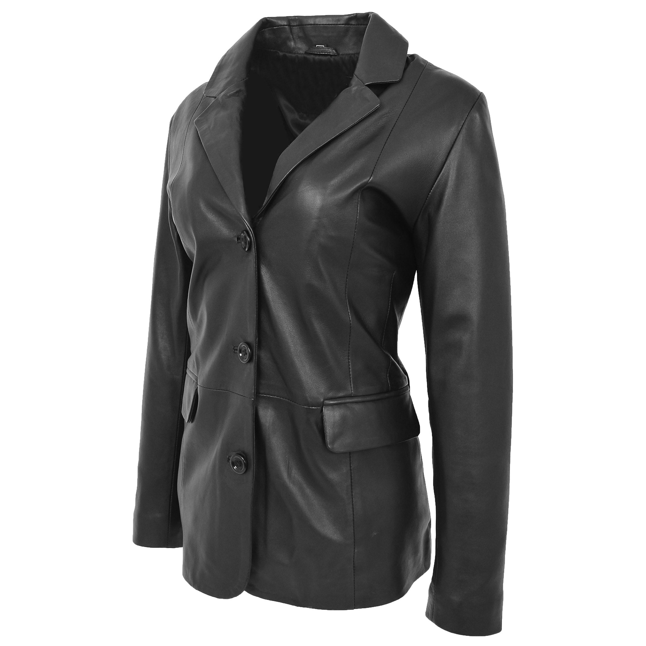 BUNERI Women's Classic Three Button Leather Blazer Black – 4