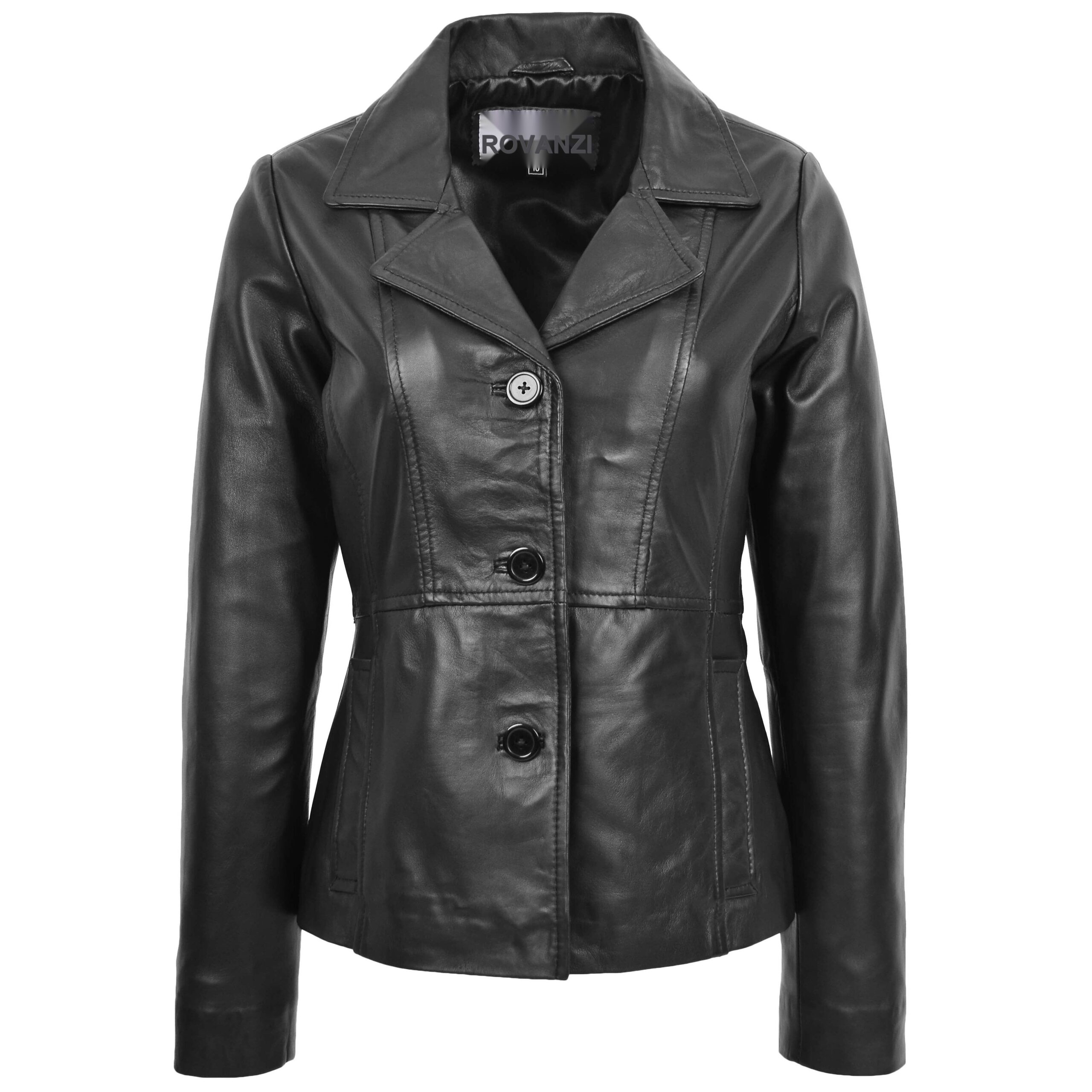 BUNERI Women's Classic Three-Button Leather Blazer Black