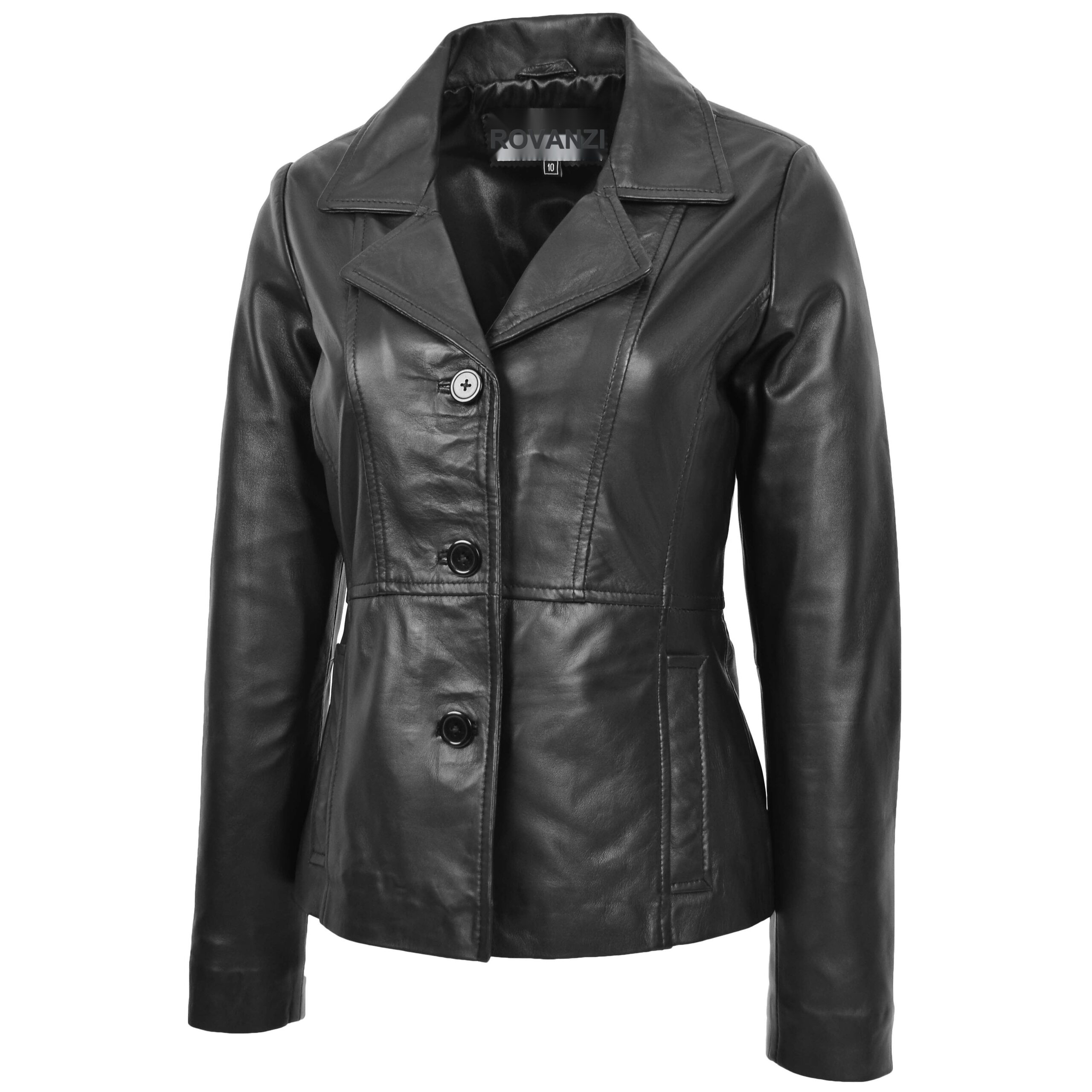 BUNERI Women's Classic Three-Button Leather Blazer Black – 3