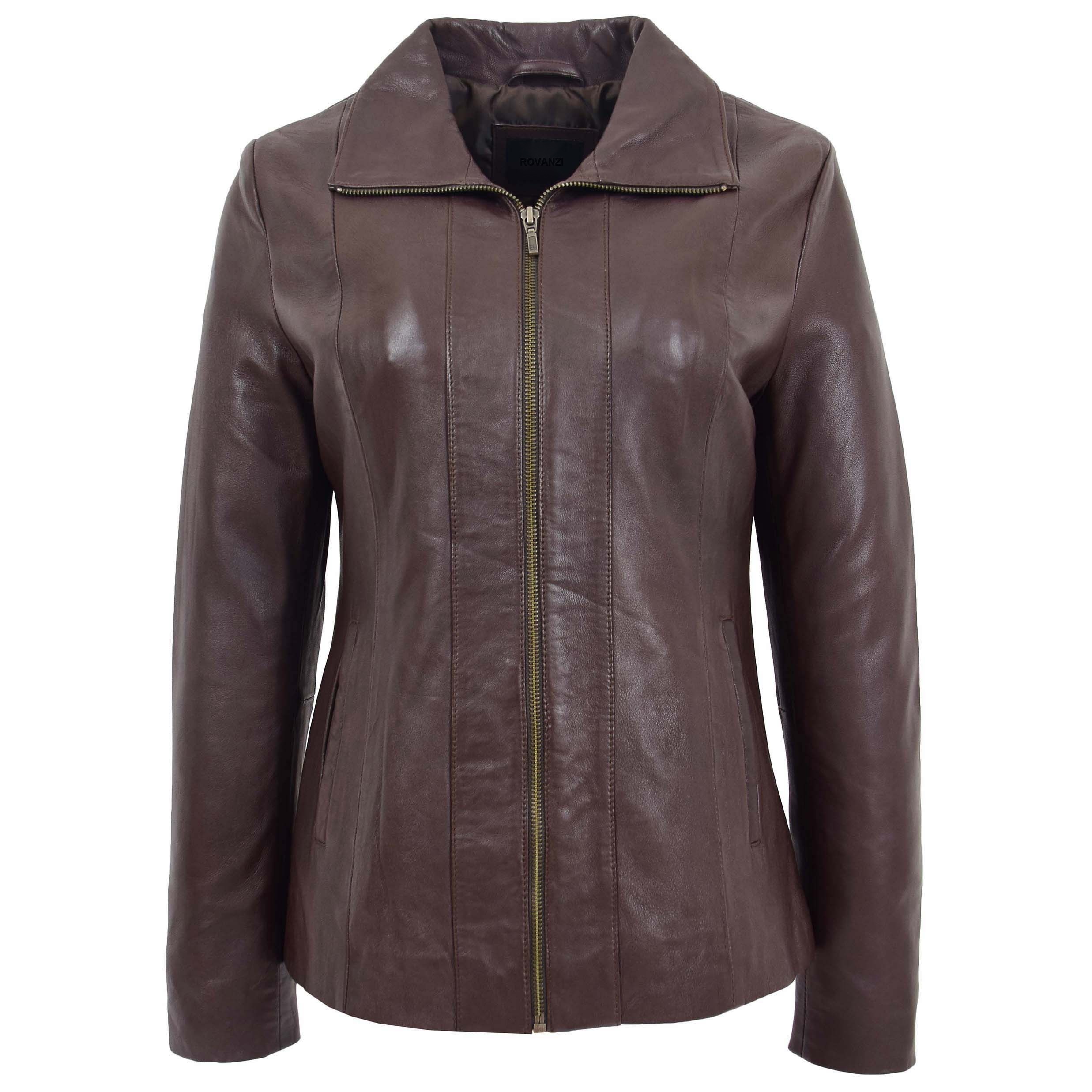 BUNERI Women's Classic Zip Fastening Leather Jacket Brown