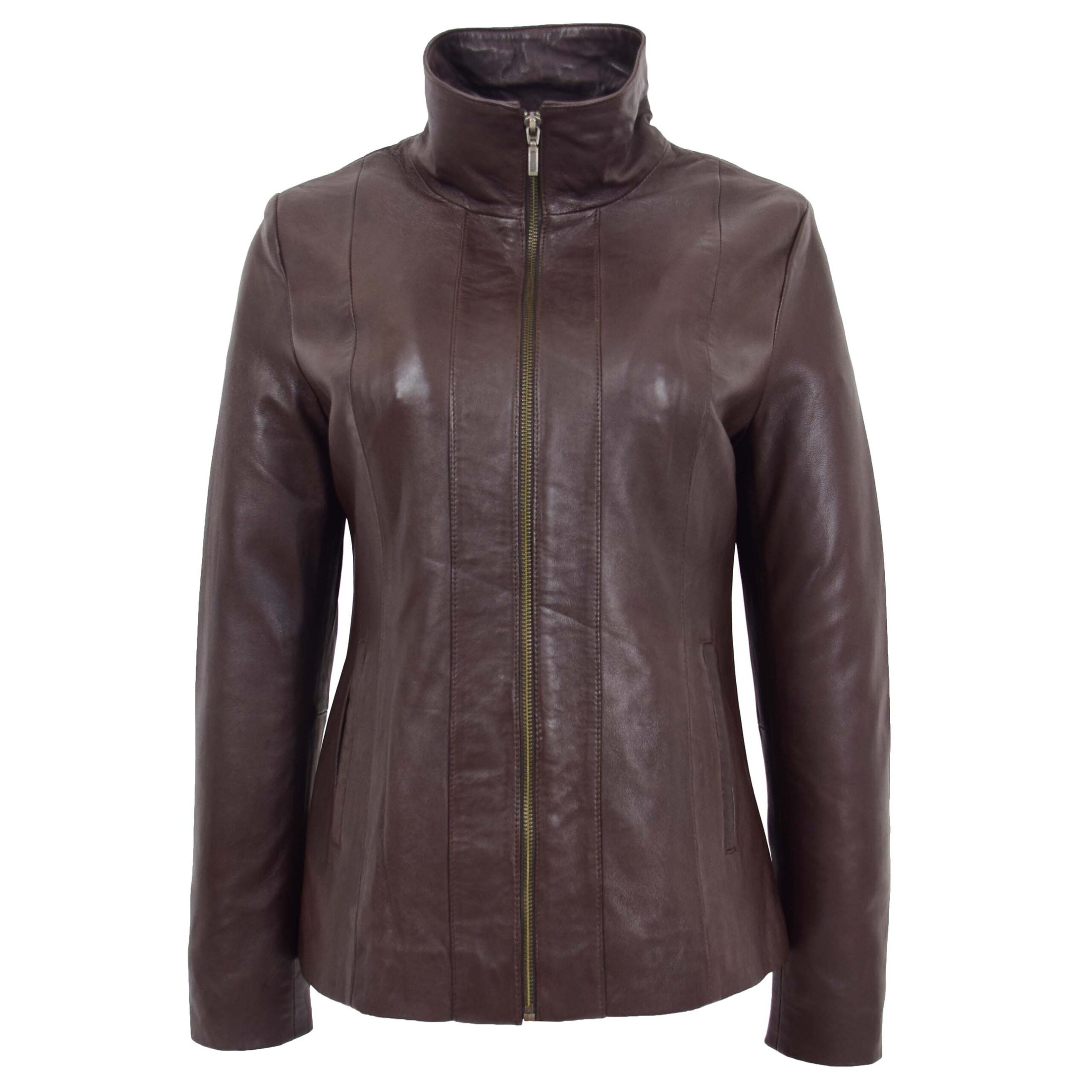 BUNERI Women's Classic Zip Fastening Leather Jacket Brown – 3