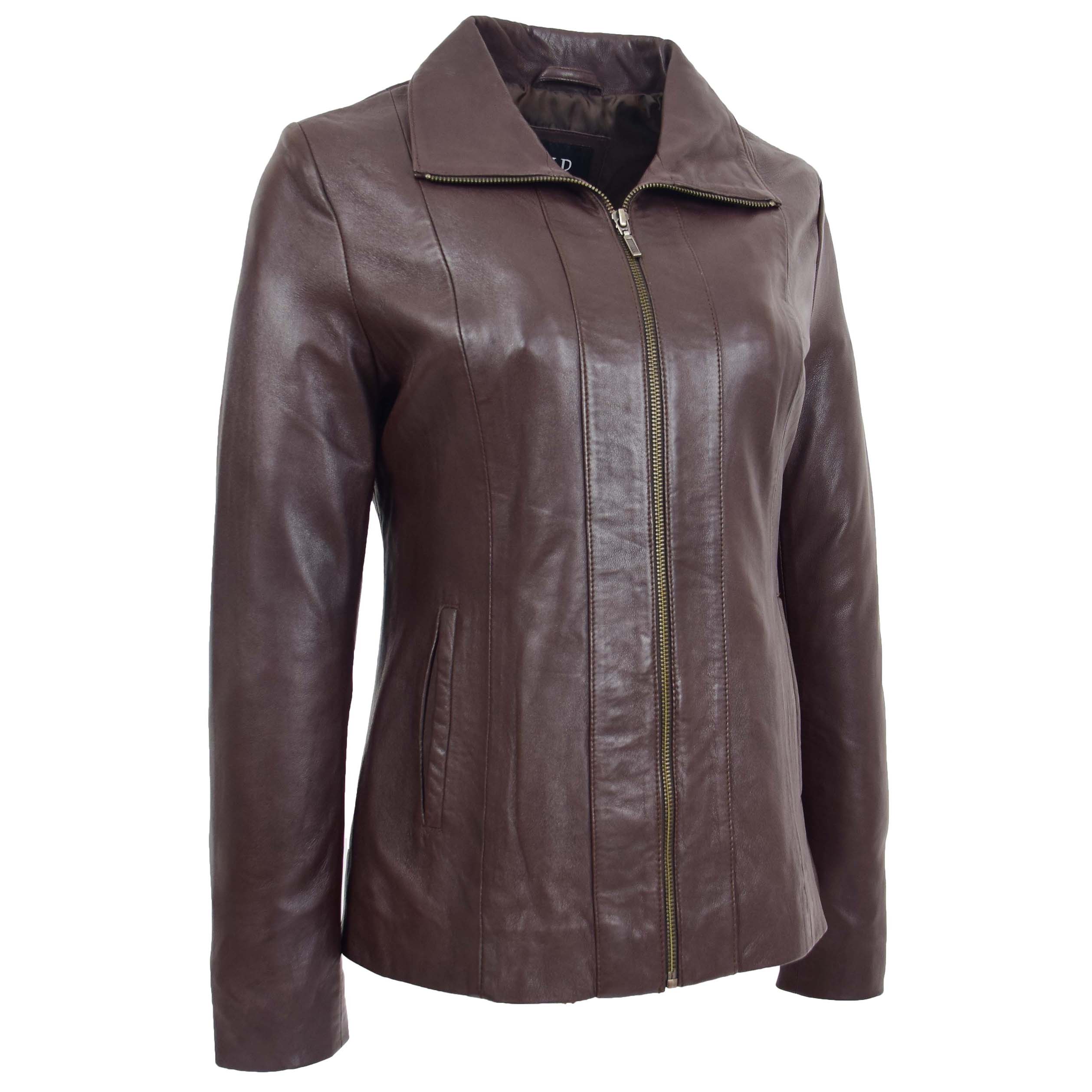 BUNERI Women's Classic Zip Fastening Leather Jacket Brown – 4