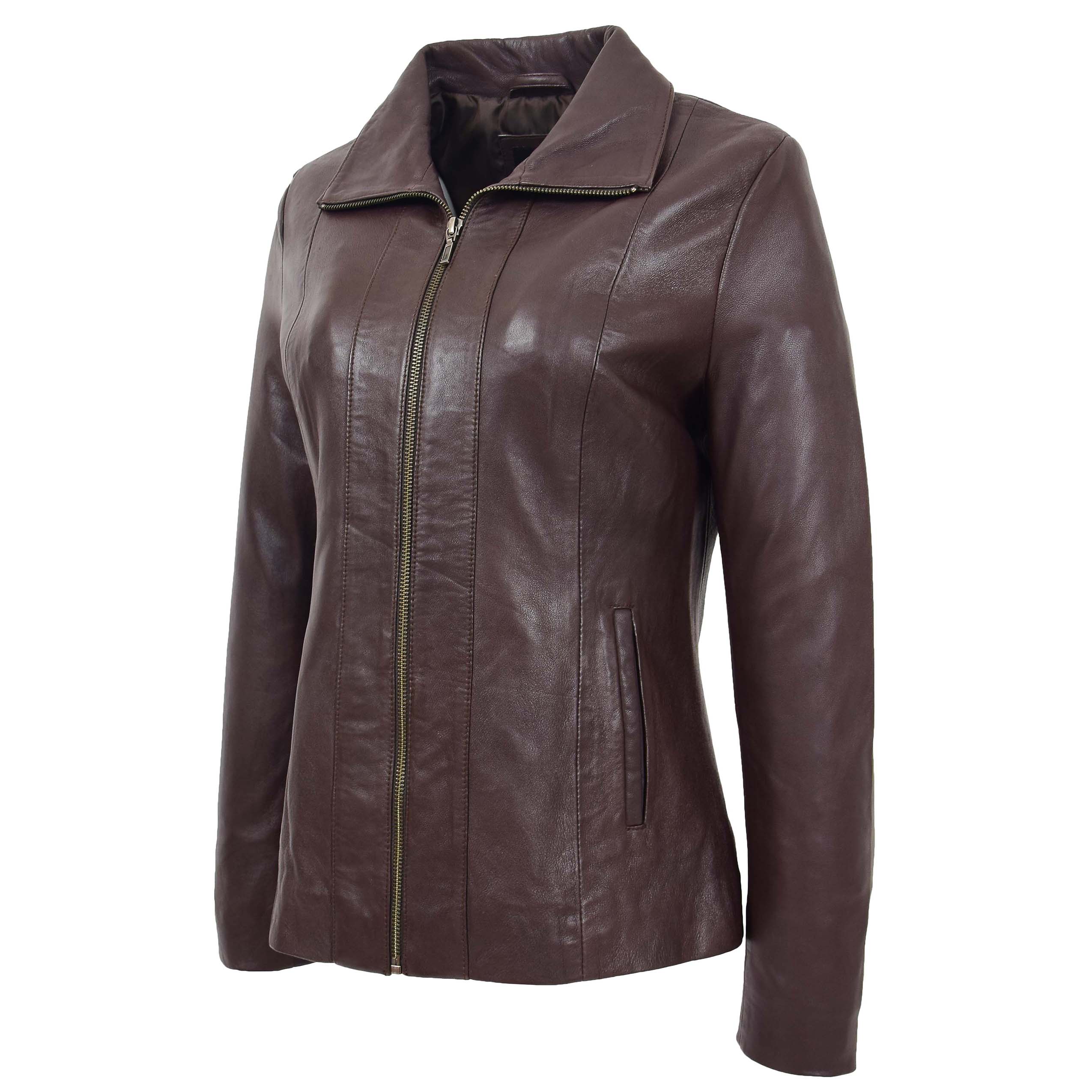 BUNERI Women's Classic Zip Fastening Leather Jacket Brown – 5