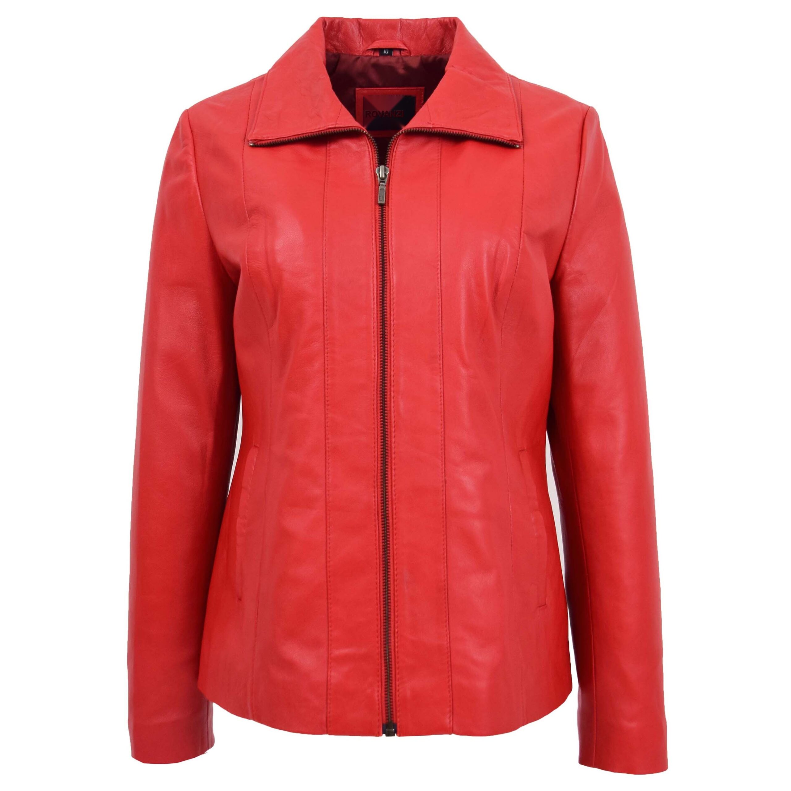 BUNERI Women's Red Leather Classic Zip-Fastening Jacket