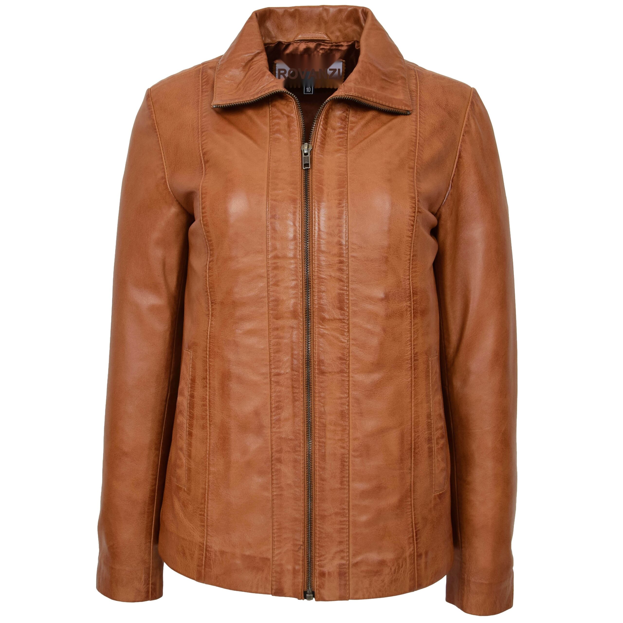 BUNERI Women's Tan Leather Classic Zip Jacket