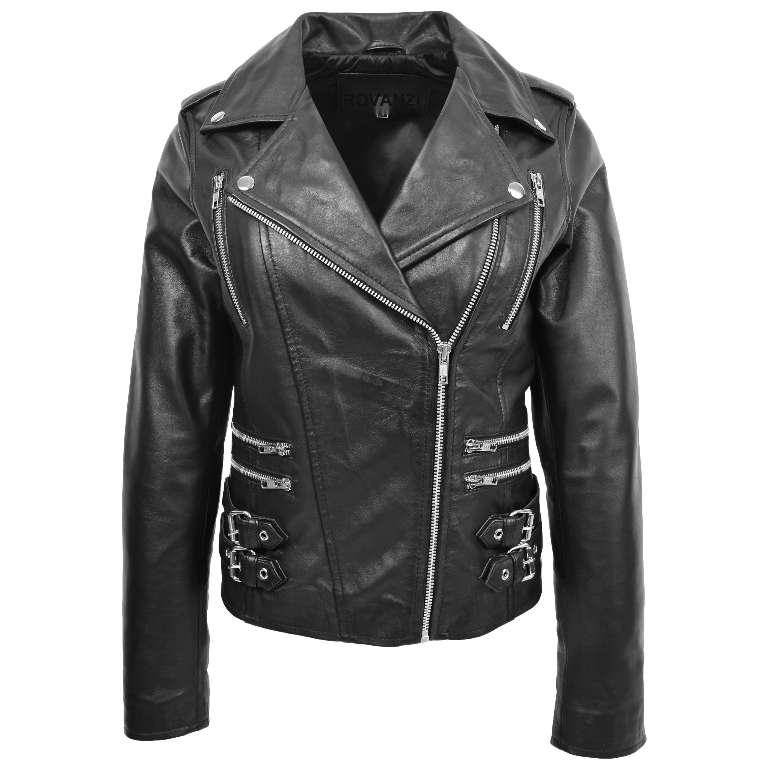 BUNERI Black Leather Cross Zip Biker Jacket Women