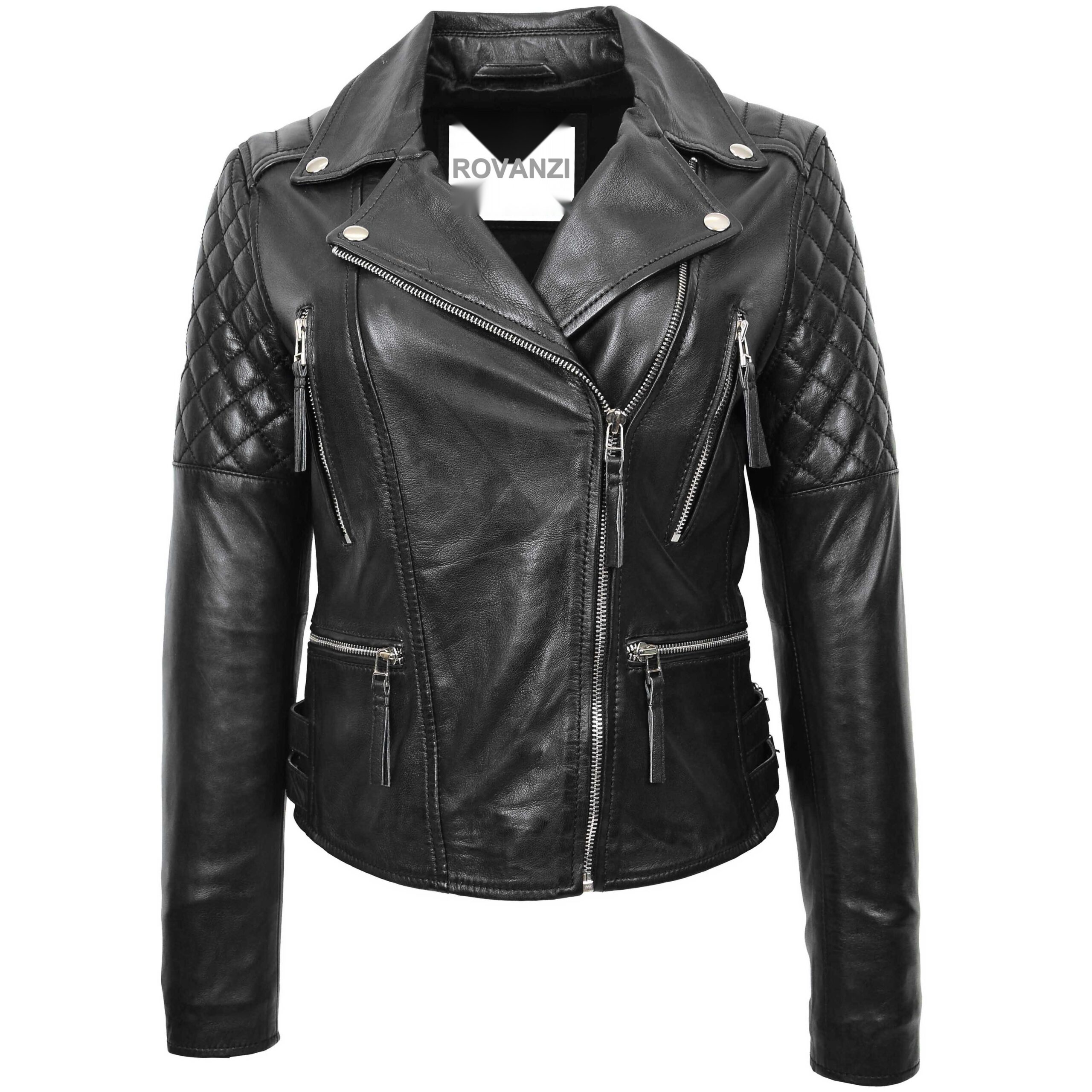 BUNERI Women's Cross-Zip Biker Leather Jacket Black