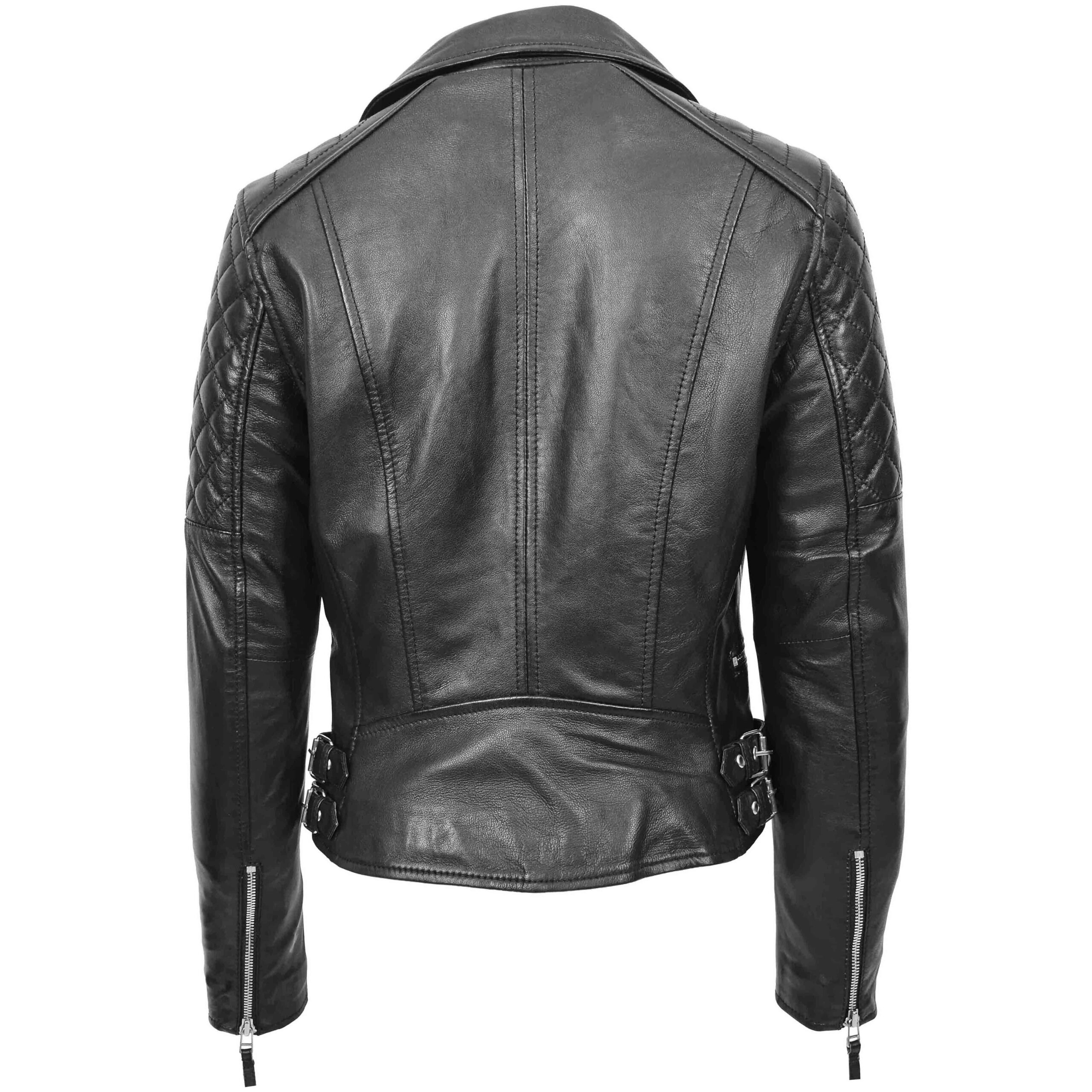 BUNERI Women's Cross-Zip Biker Leather Jacket Black – 2