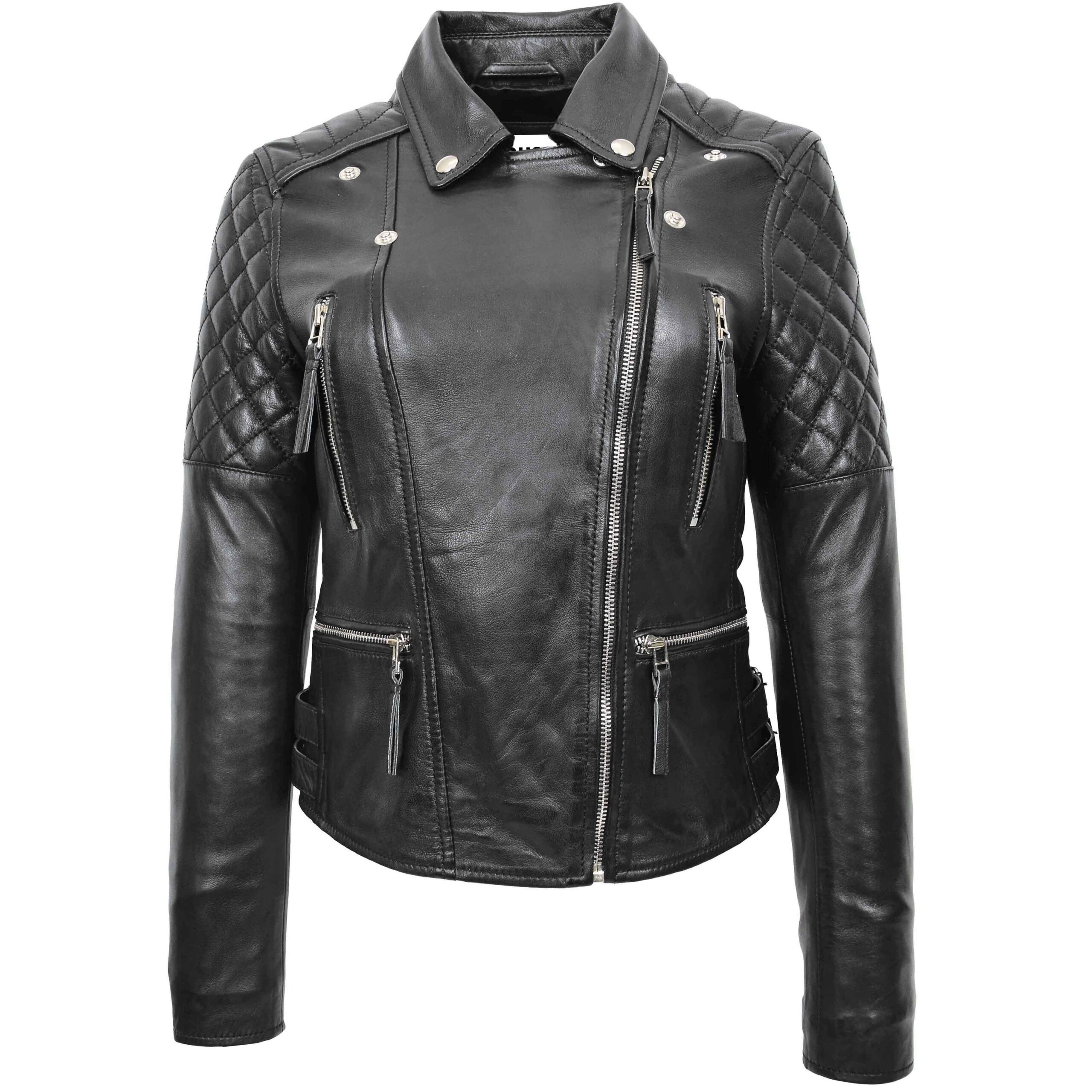 BUNERI Women's Cross-Zip Biker Leather Jacket Black – 3