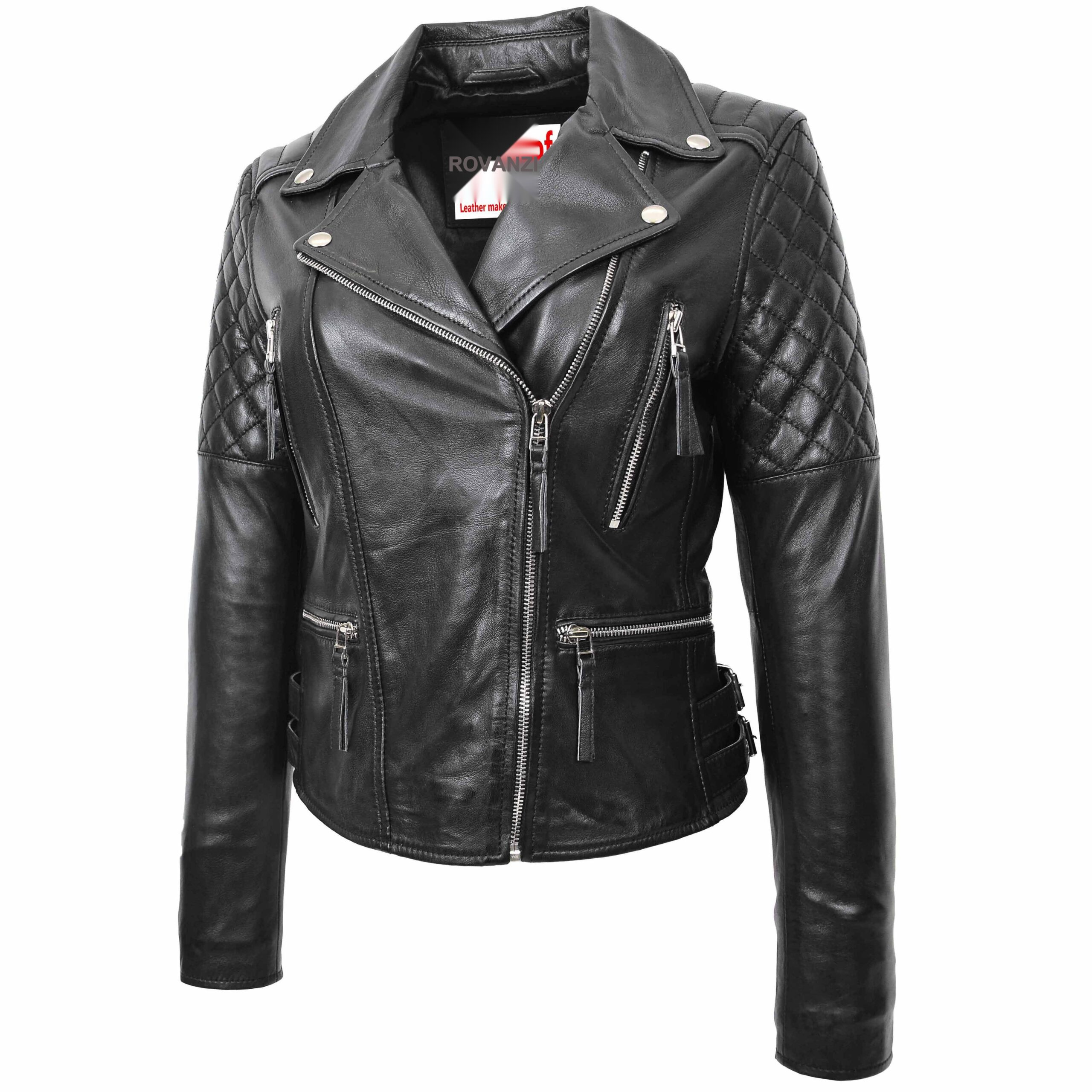 BUNERI Women's Cross-Zip Biker Leather Jacket Black – 4