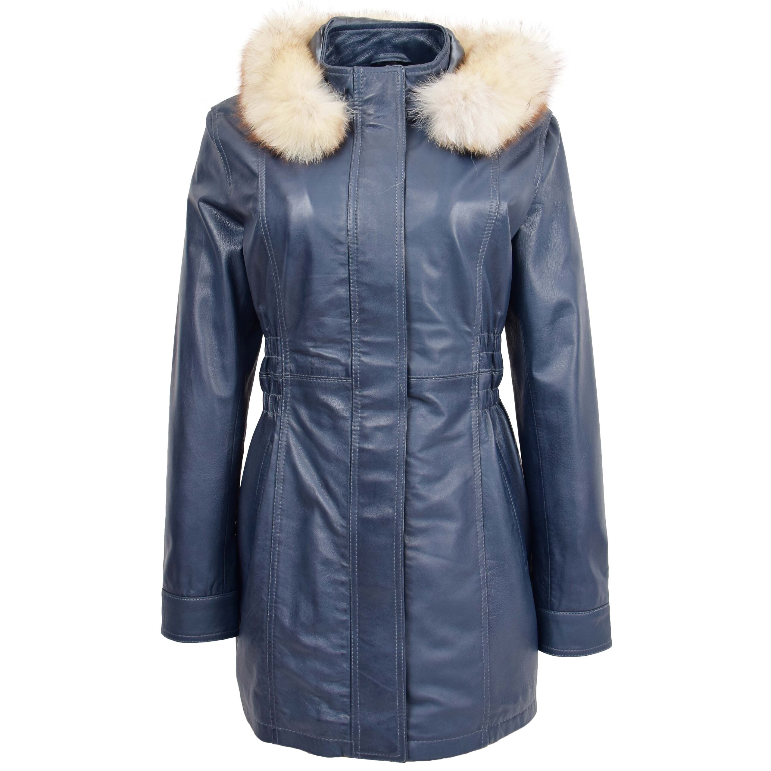 BUNERI Women's Blue Leather Coat with Detachable Hood