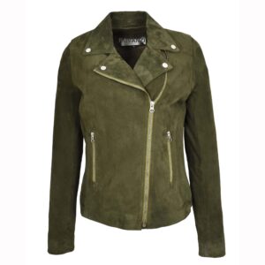BUNERI Women’s Genuine Suede Biker Jacket Olive Green