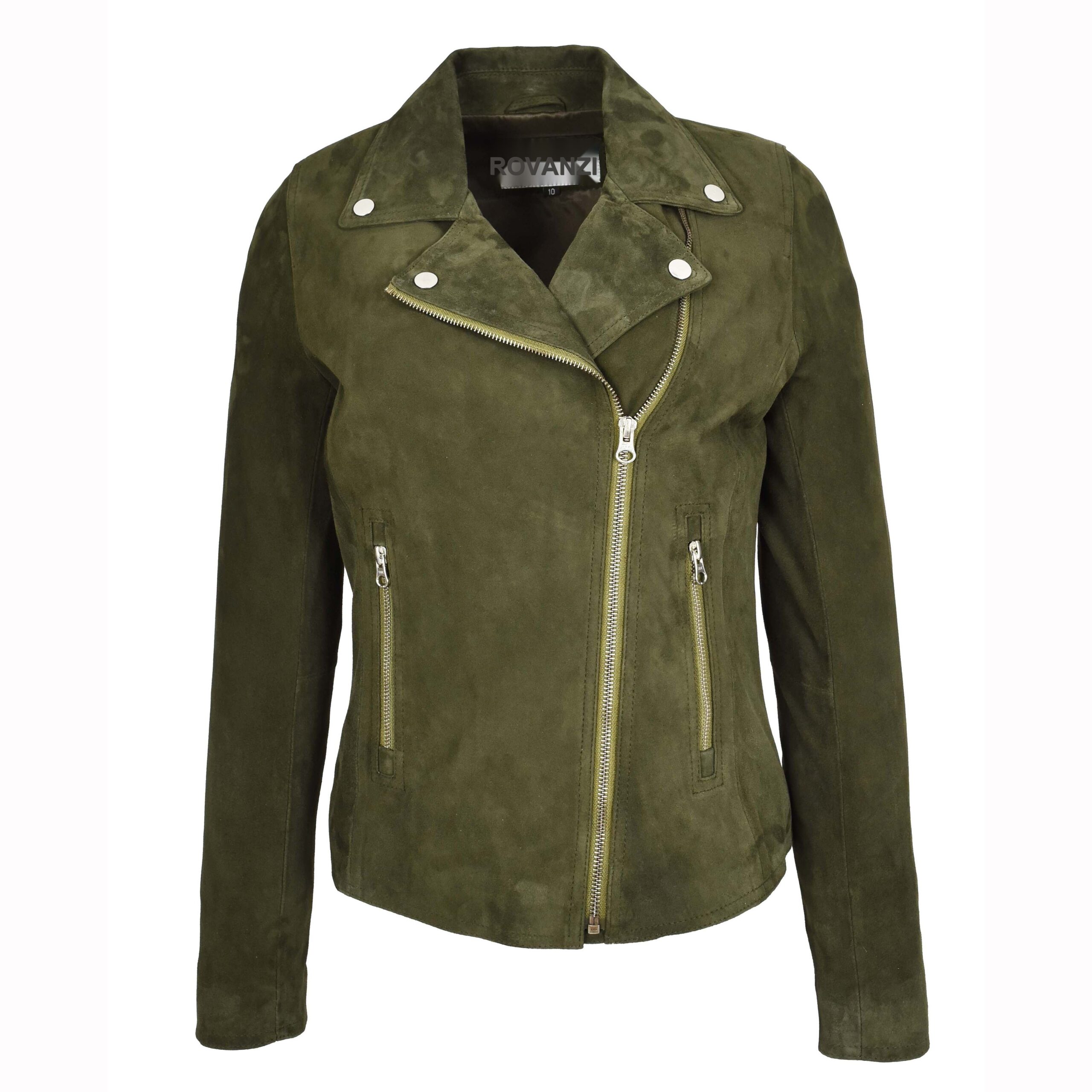 BUNERI Women's Genuine Suede Biker Jacket Olive Green